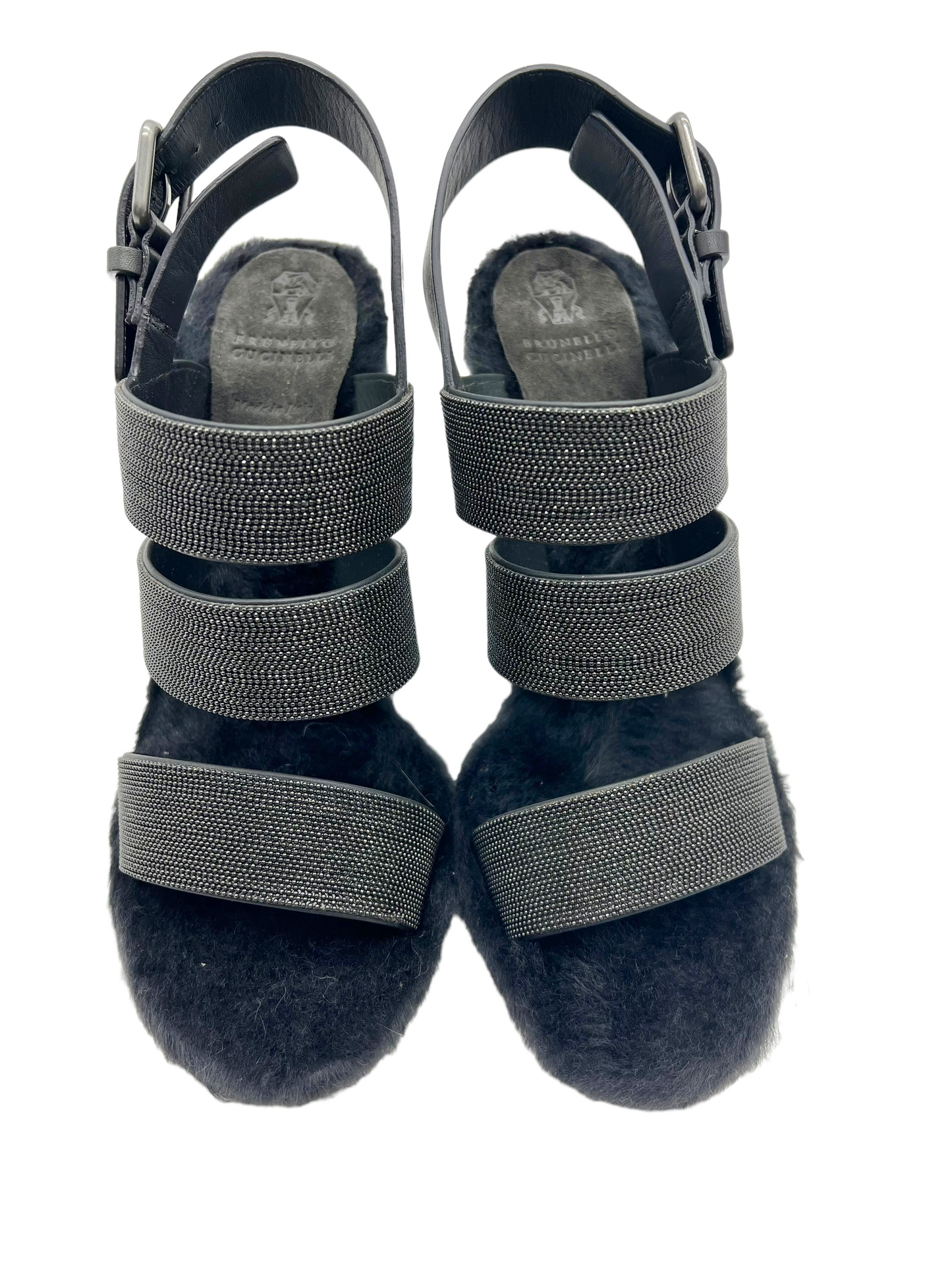 Brunello Cucinelli Black Beaded Fur Lined Size 37 Heels