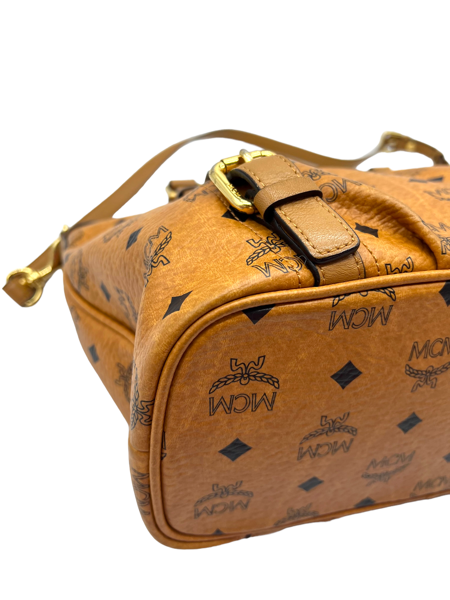 MCM Cognac Tan Visetos Heritage Pleated Buckle Shoulder Bag