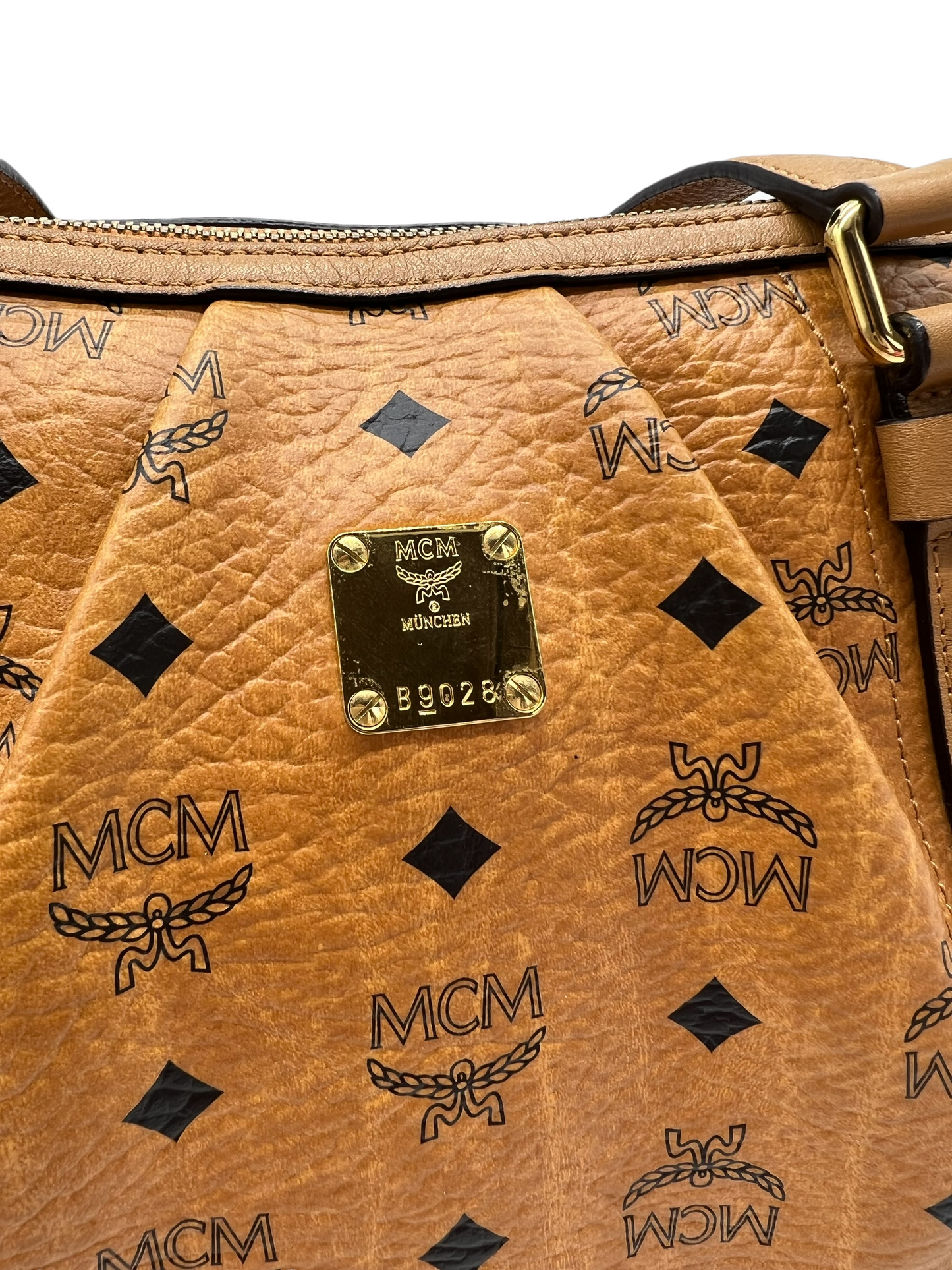 MCM Cognac Tan Visetos Heritage Pleated Buckle Shoulder Bag