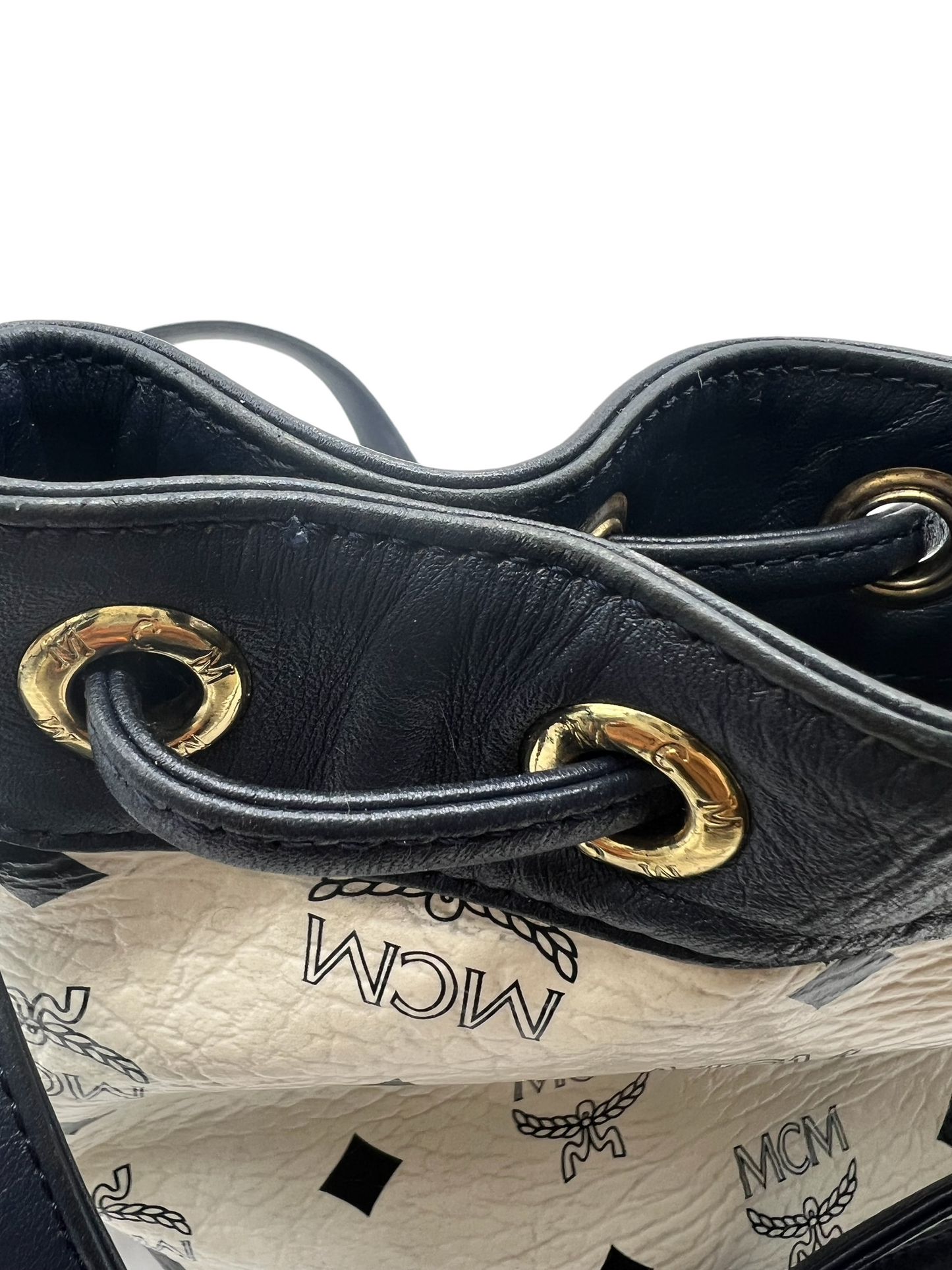 MCM Vintage White Navy Heritage Visetos Mini Bucket Crossbody