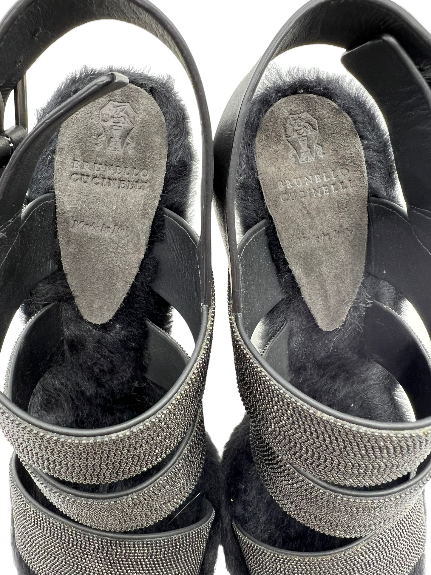 Brunello Cucinelli Black Beaded Fur Lined Size 37 Heels