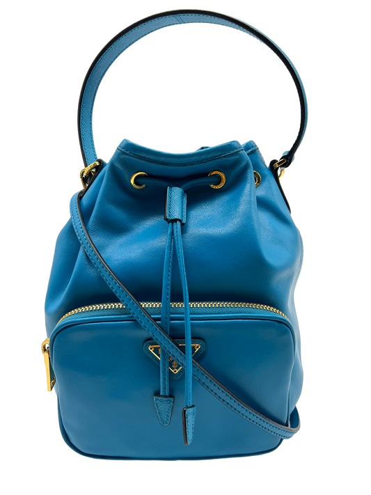 Prada Blue Leather Small Drawstring Bucket Handbag