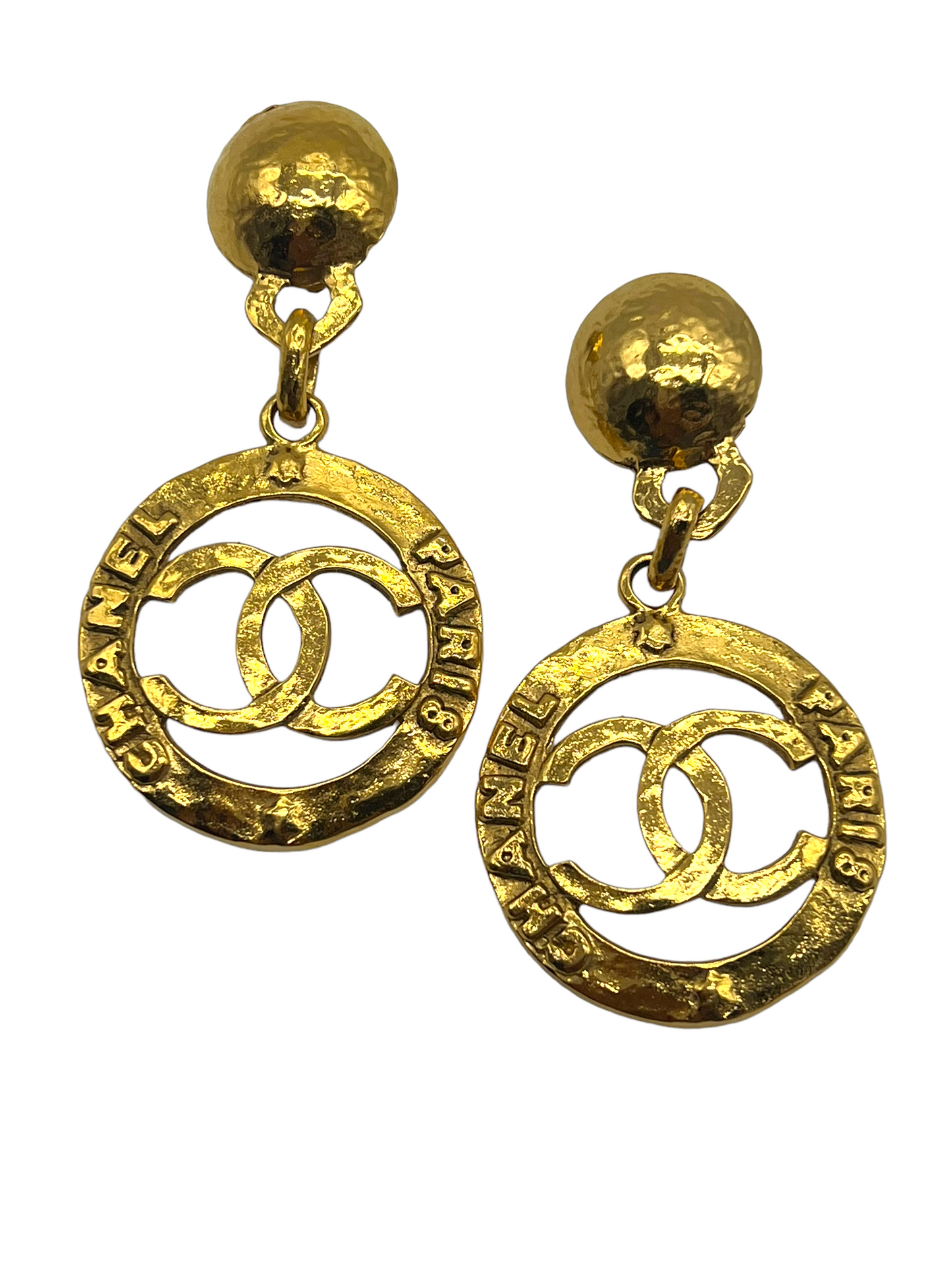 Chanel Gold Vintage Collection 28 'Chanel Paris' Hammered Clip On Drop Earrings
