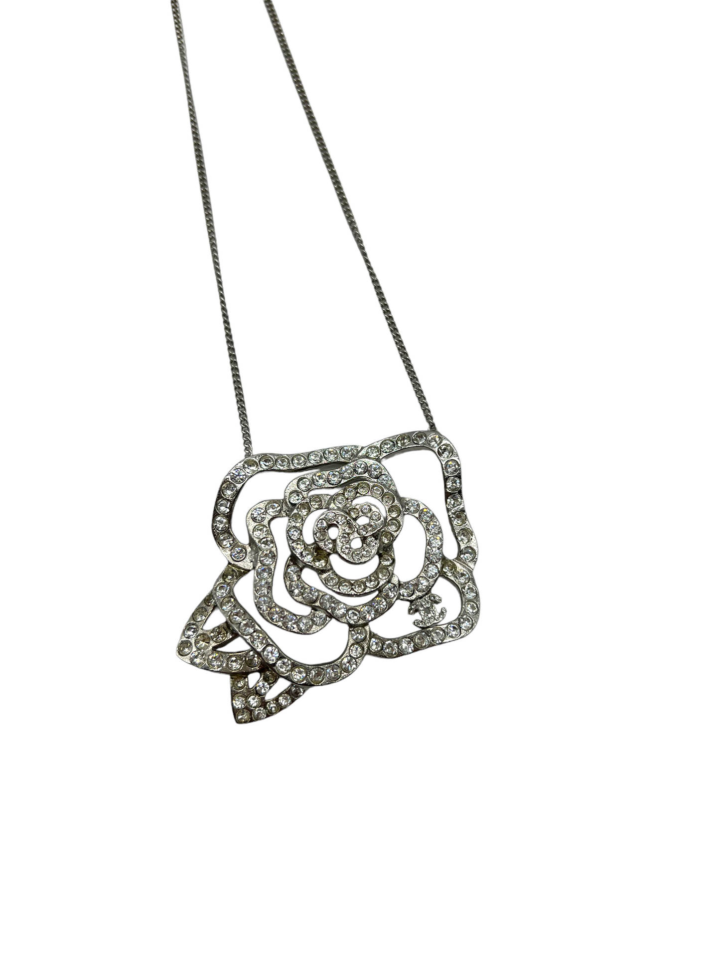 Chanel Silver 07p Crystal Camellia Necklace