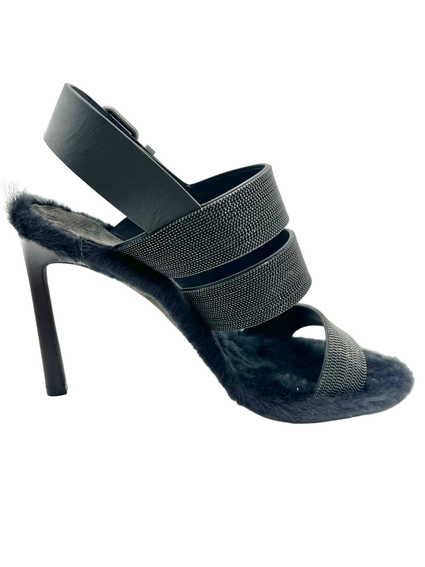 Brunello Cucinelli Black Beaded Fur Lined Size 37 Heels