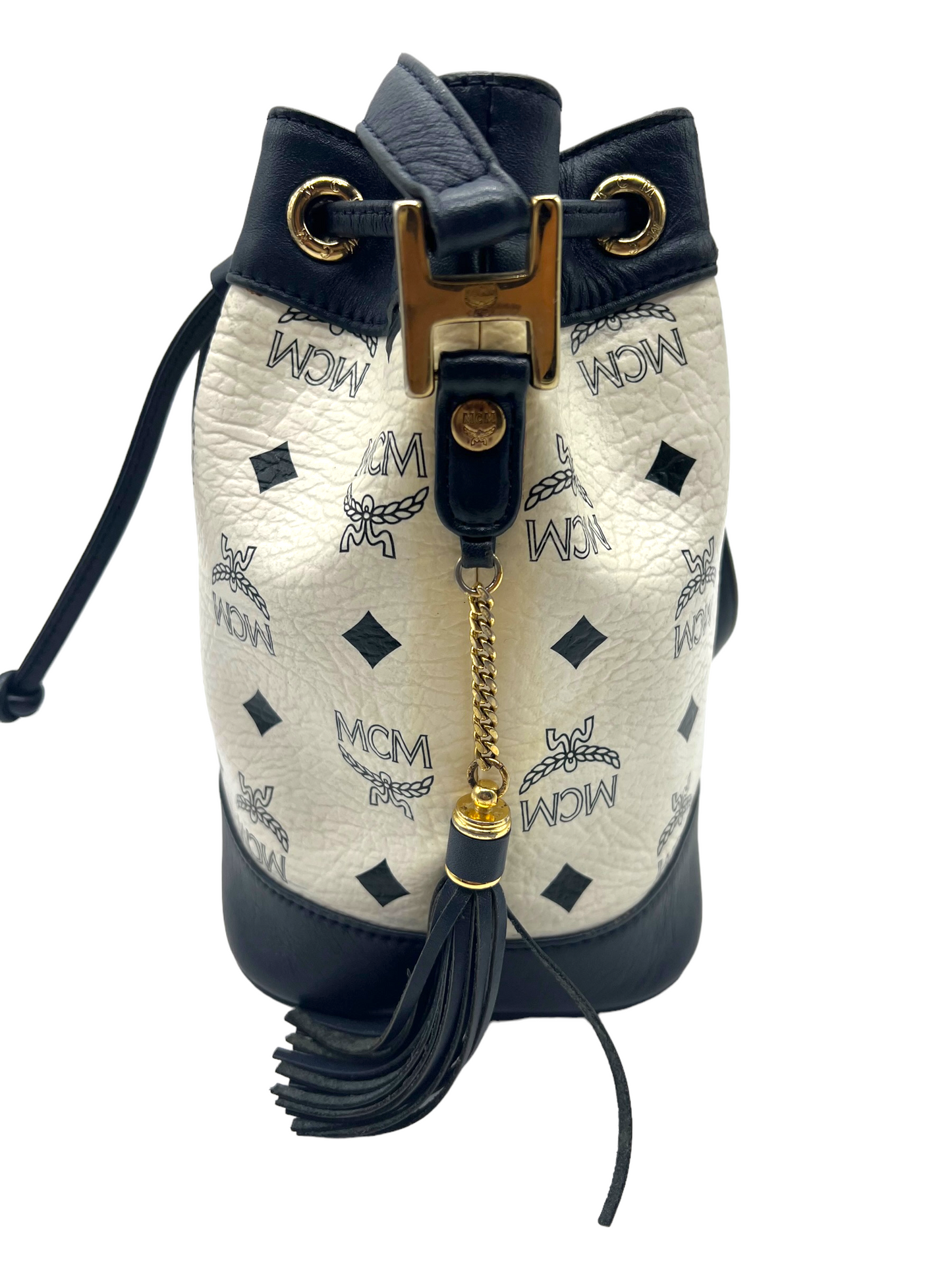 MCM Vintage White Navy Heritage Visetos Mini Bucket Crossbody