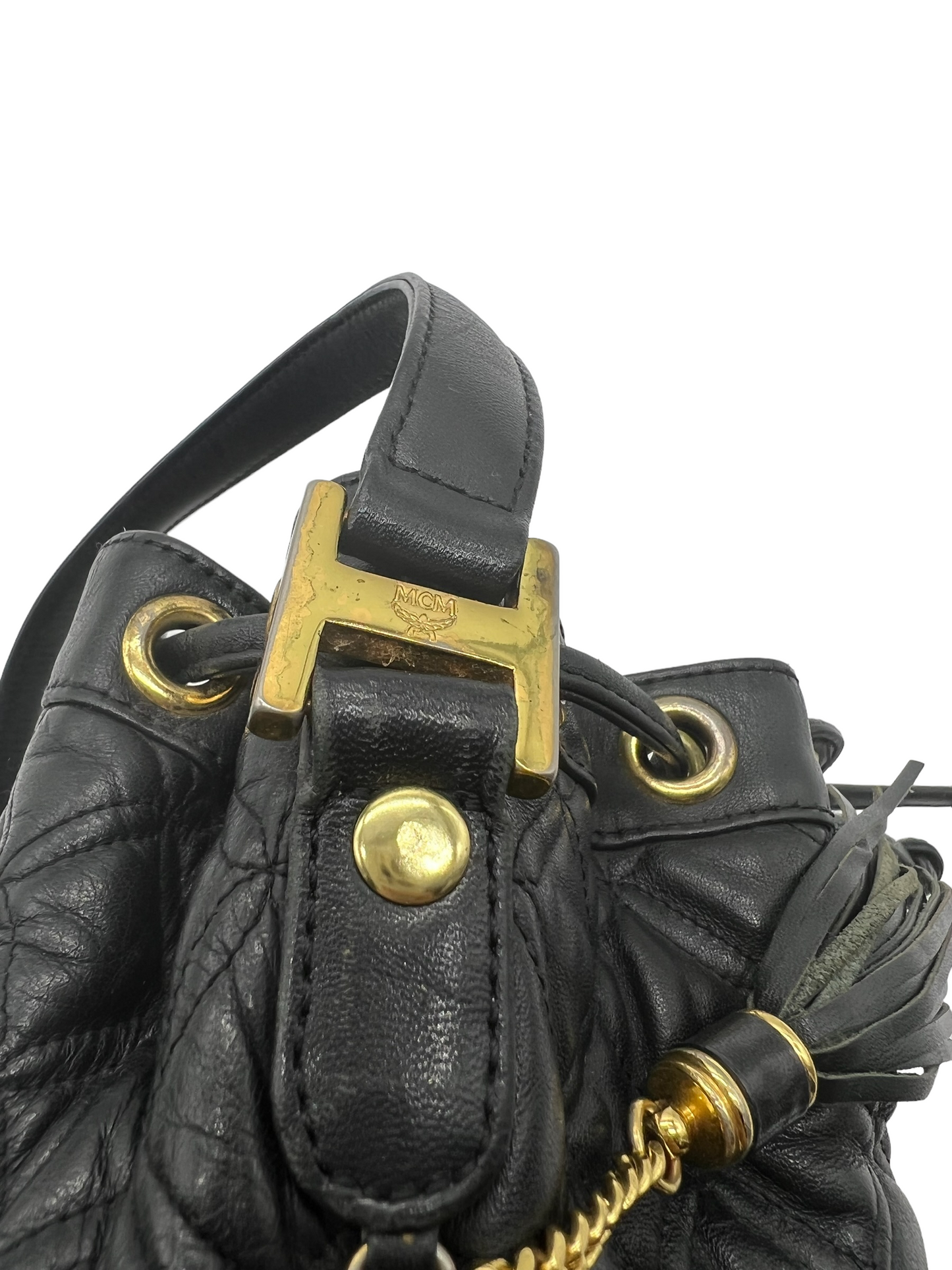 MCM Vintage Black Leather Quilted Drawstring Bucket Bag