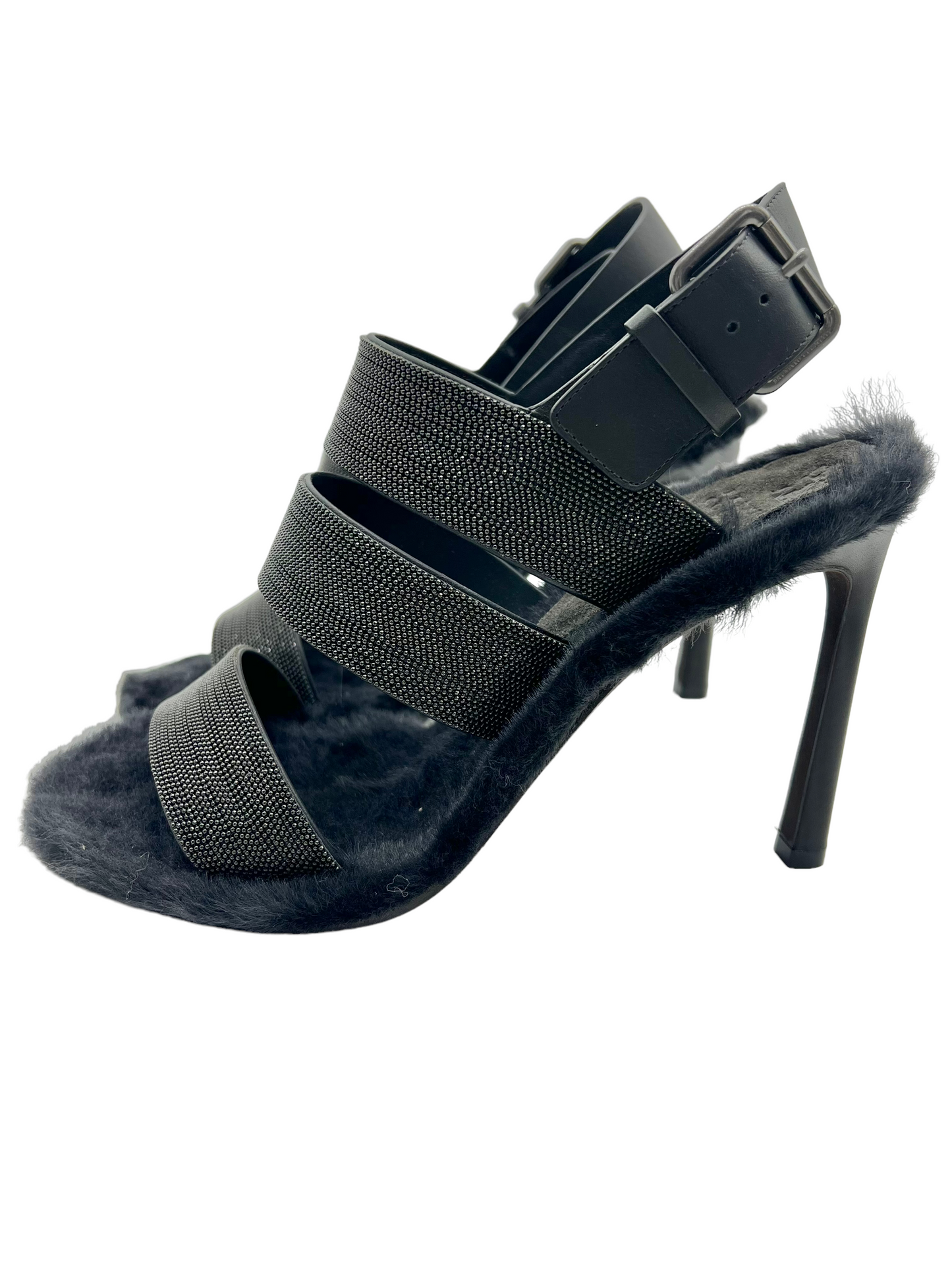 Brunello Cucinelli Black Beaded Fur Lined Size 37 Heels