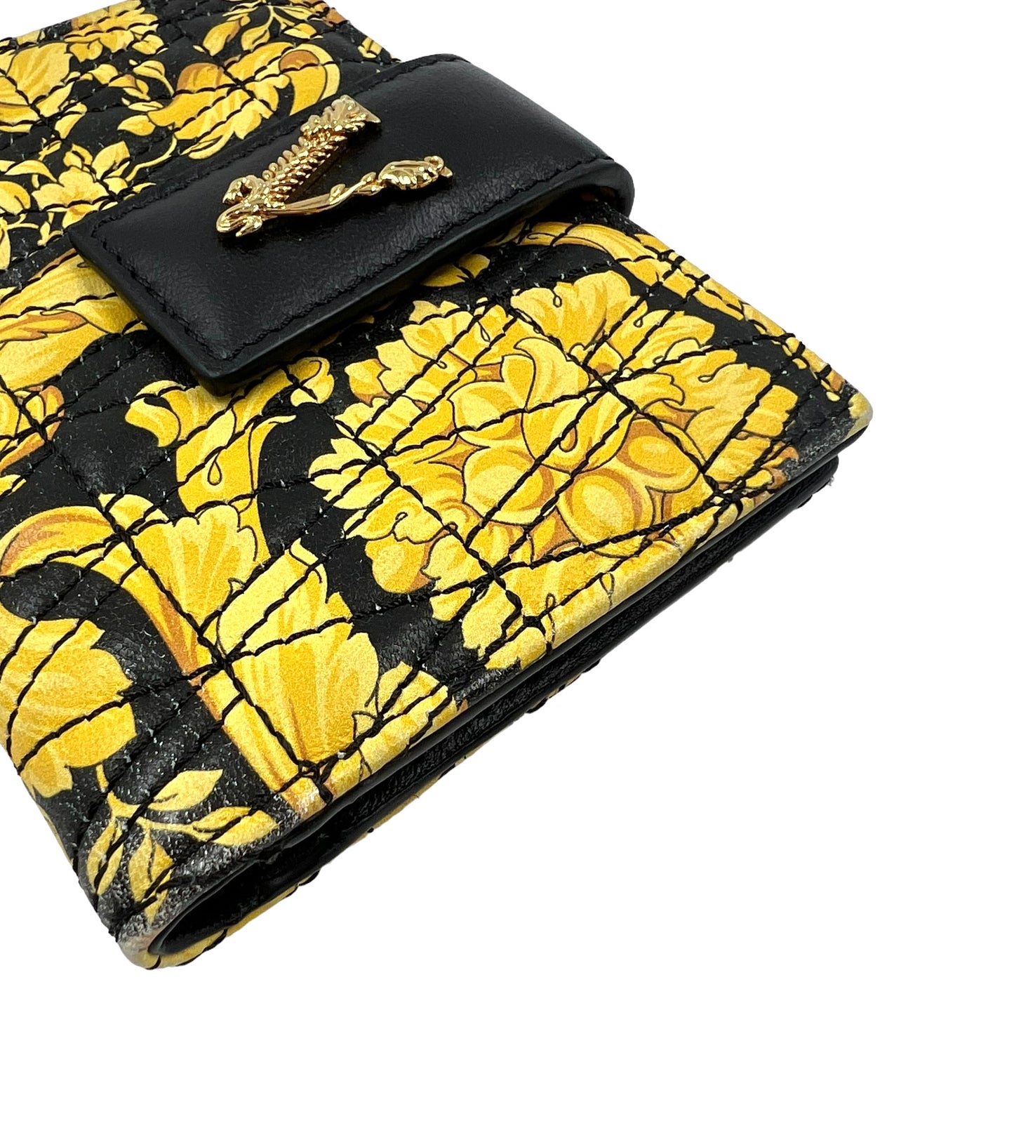 Versace Quilted Leather Black & Yellow Barocco Virtus Wallet