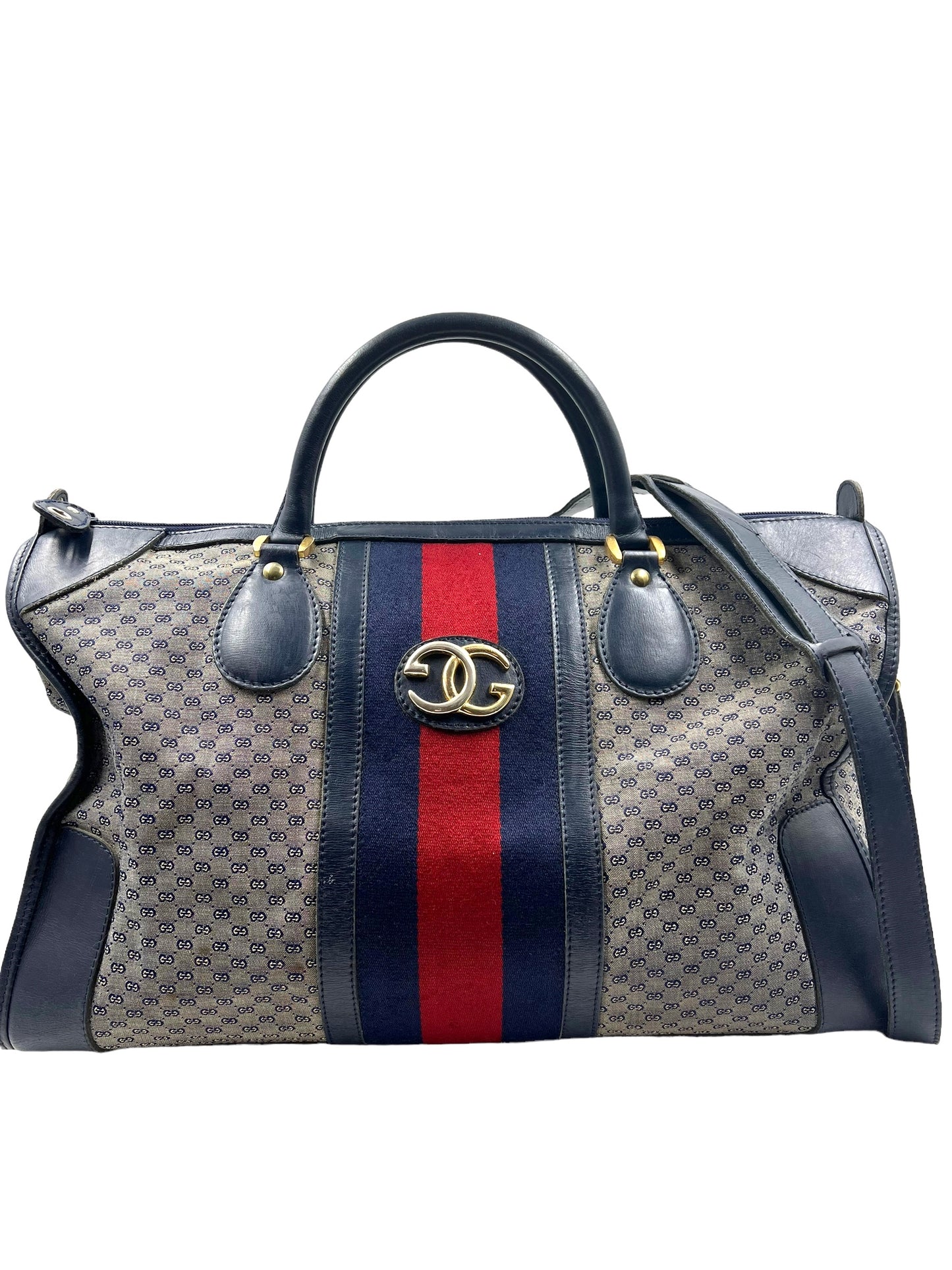 Gucci Vintage 1966 Navy Micro GG 2-Way Large Boston Carryall Duffle