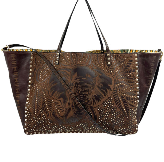 Valentino Garavani RARE Brown Leather Reversible Primitive Animal Elephant Studded Rockstud Tote