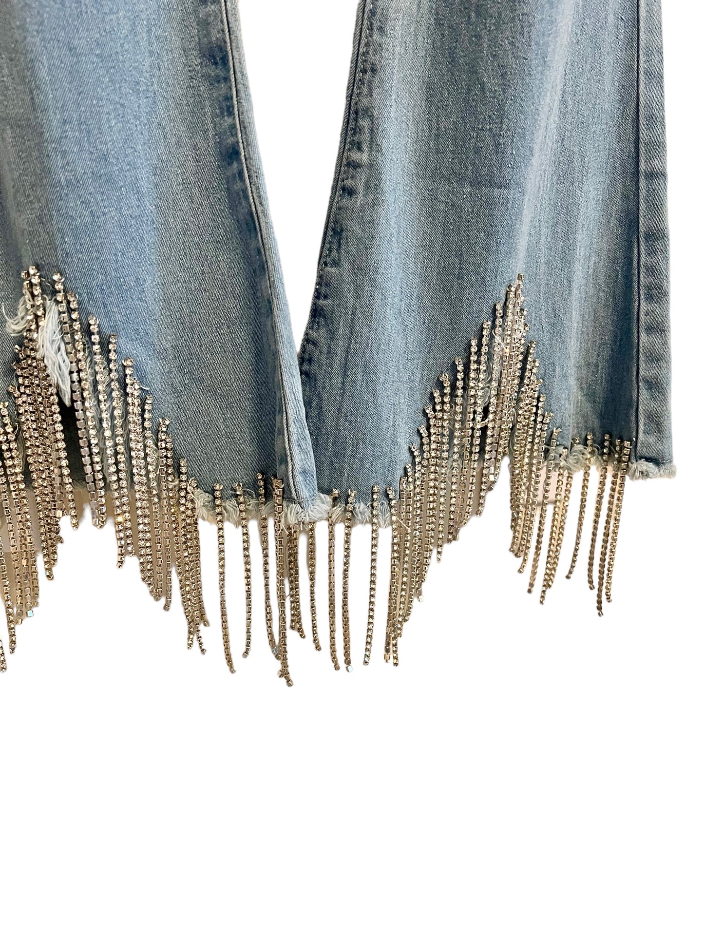 Banjul Size L Frayed Denim Rhinestone Fringe Jeans