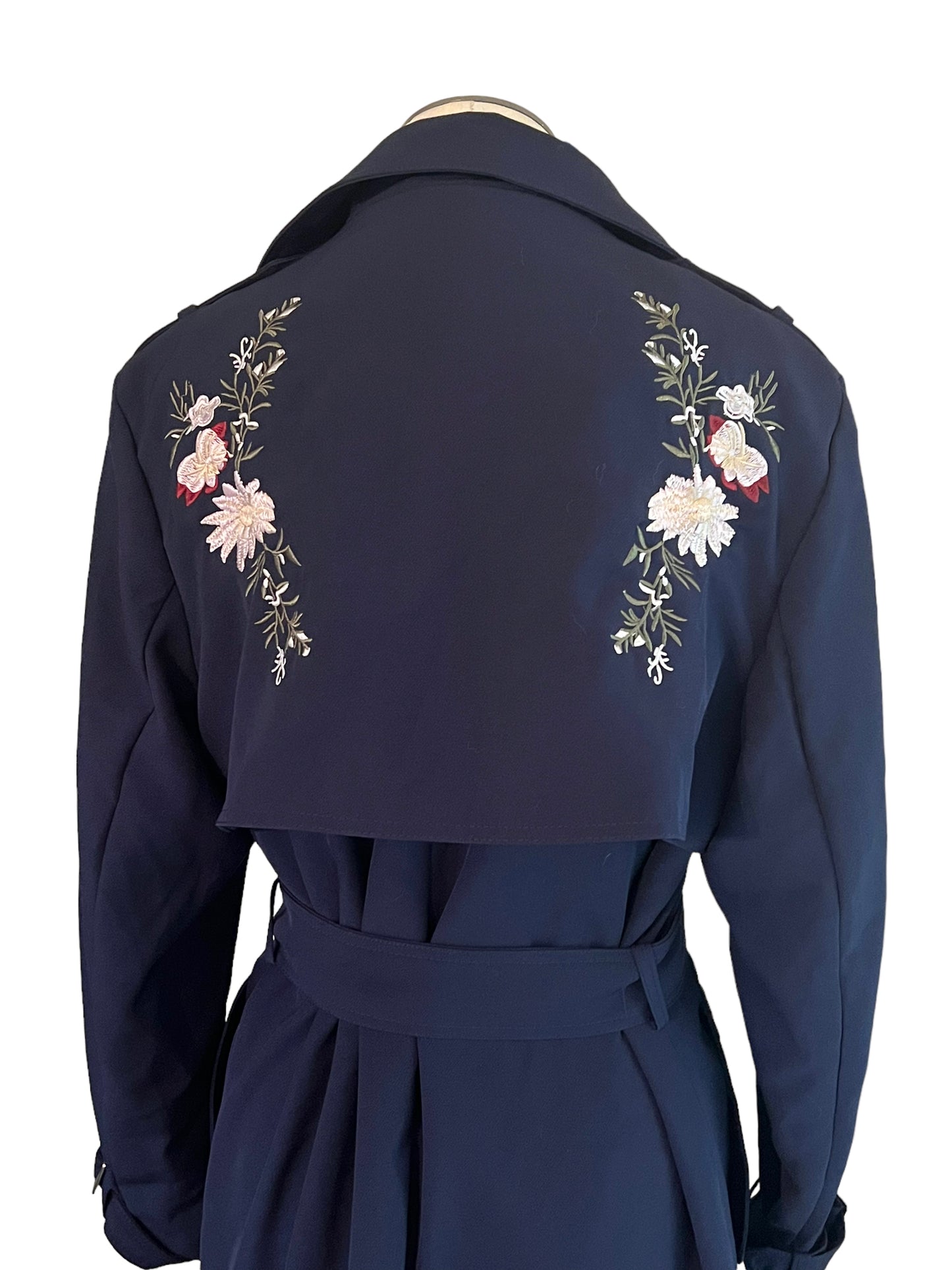 Vero Moda Classic Size M/L Navy Candy Embroidered Floral Trench Coat