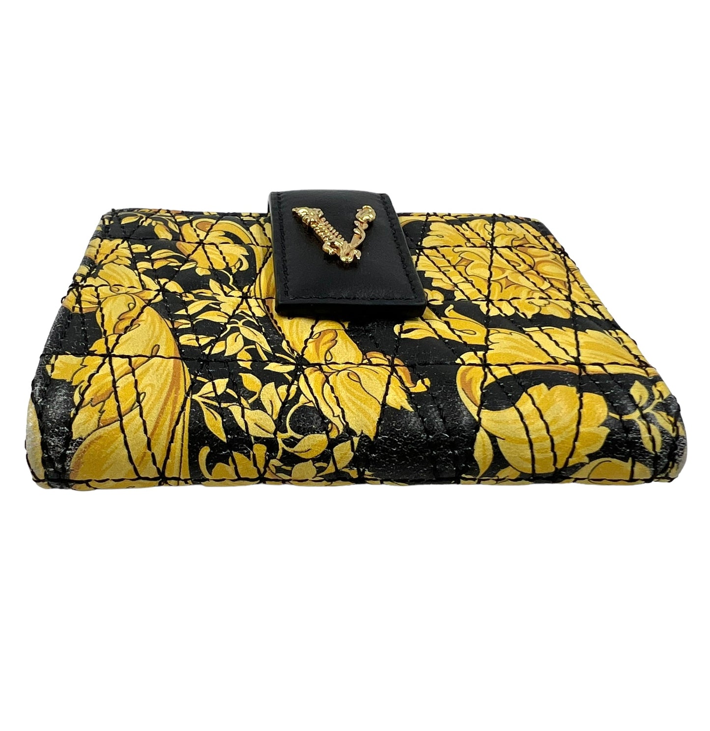 Versace Quilted Leather Black & Yellow Barocco Virtus Wallet