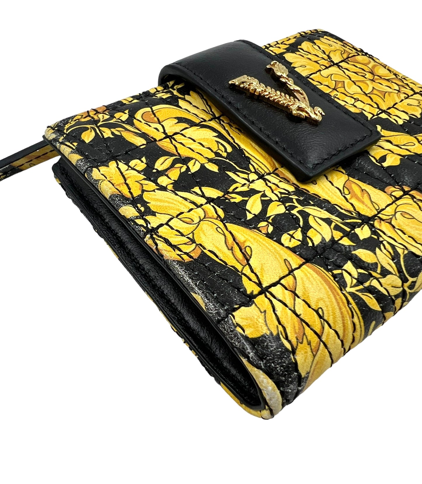 Versace Quilted Leather Black & Yellow Barocco Virtus Wallet