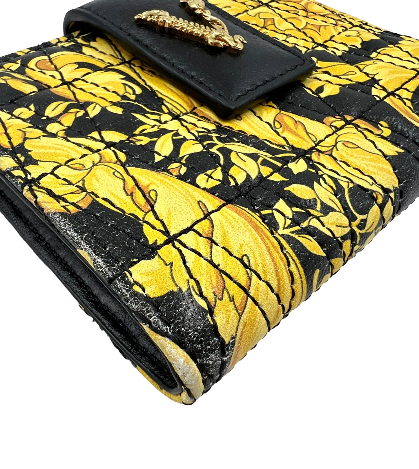 Versace Quilted Leather Black & Yellow Barocco Virtus Wallet