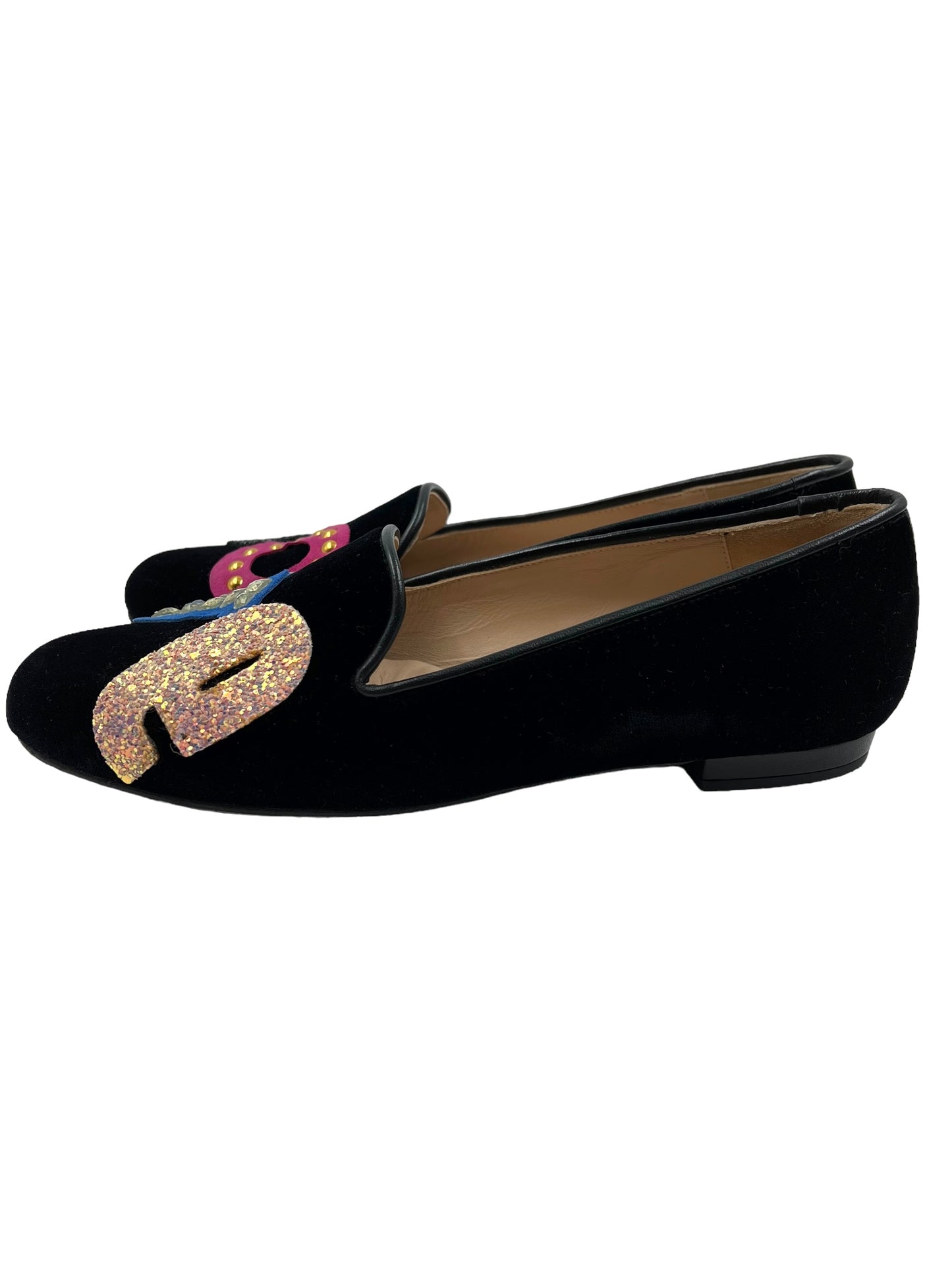 Jon Josef Size 7 Black Velvet Love Smoking Slippers Flats