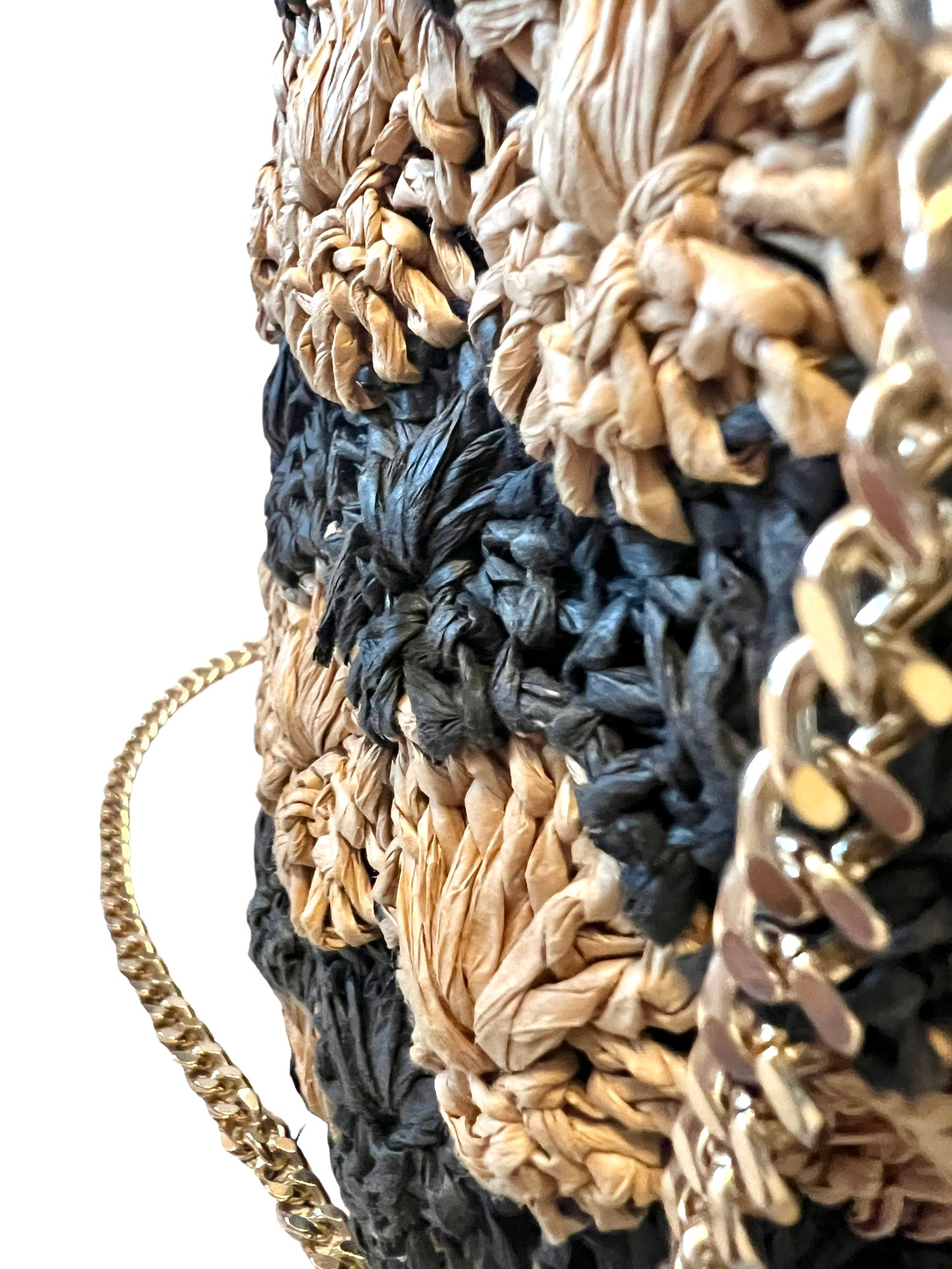 Zara Contrasting Raffia Mini Drawstring Chain Bucket Bag