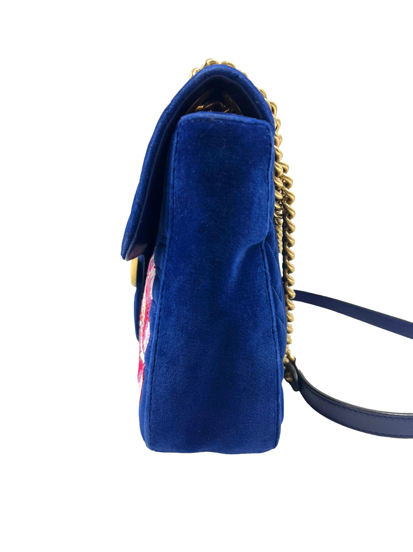 Gucci Blue Velvet Embroidered GG Modern Marmont Shoulder Bag