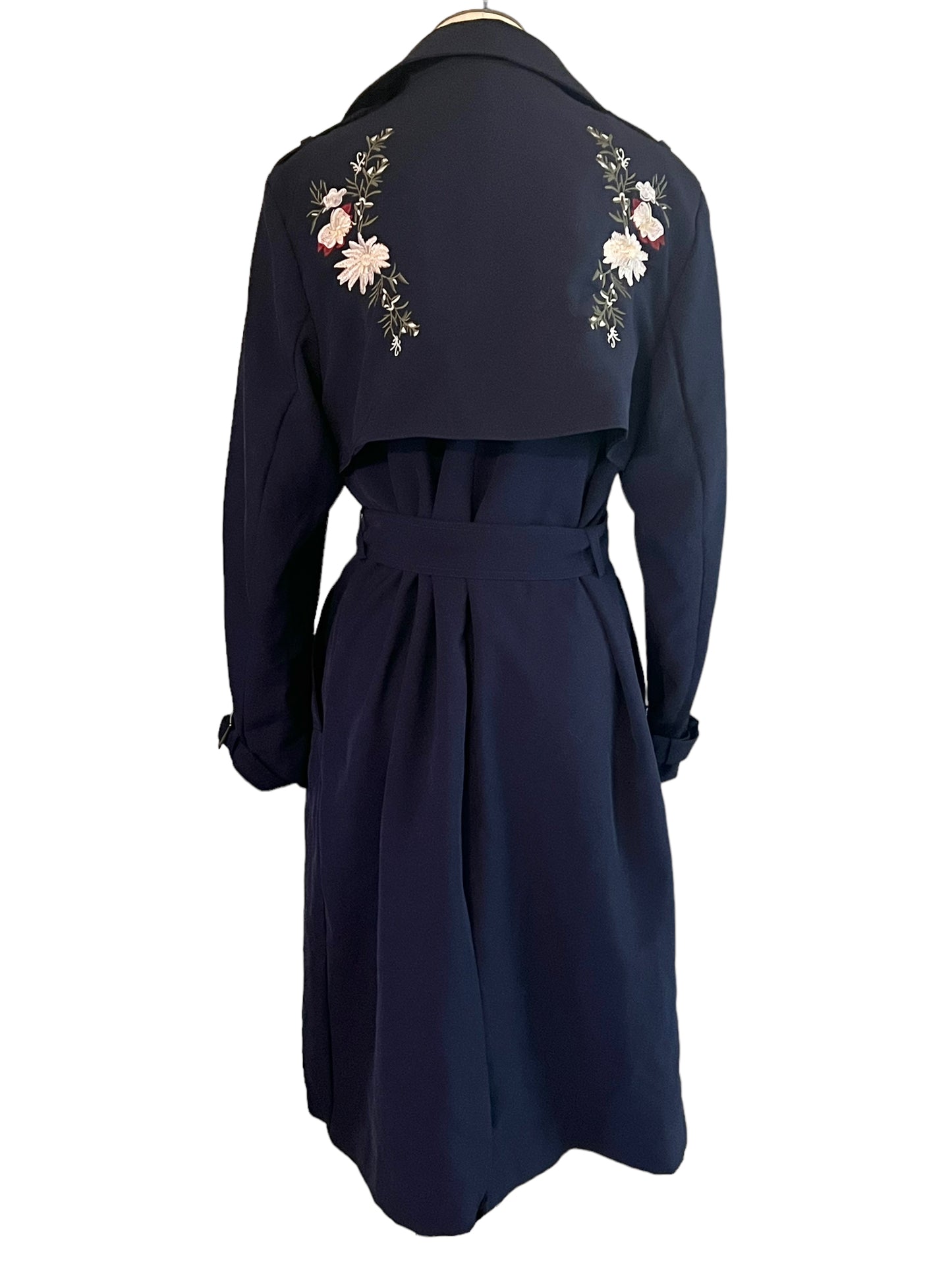 Vero Moda Classic Size M/L Navy Candy Embroidered Floral Trench Coat