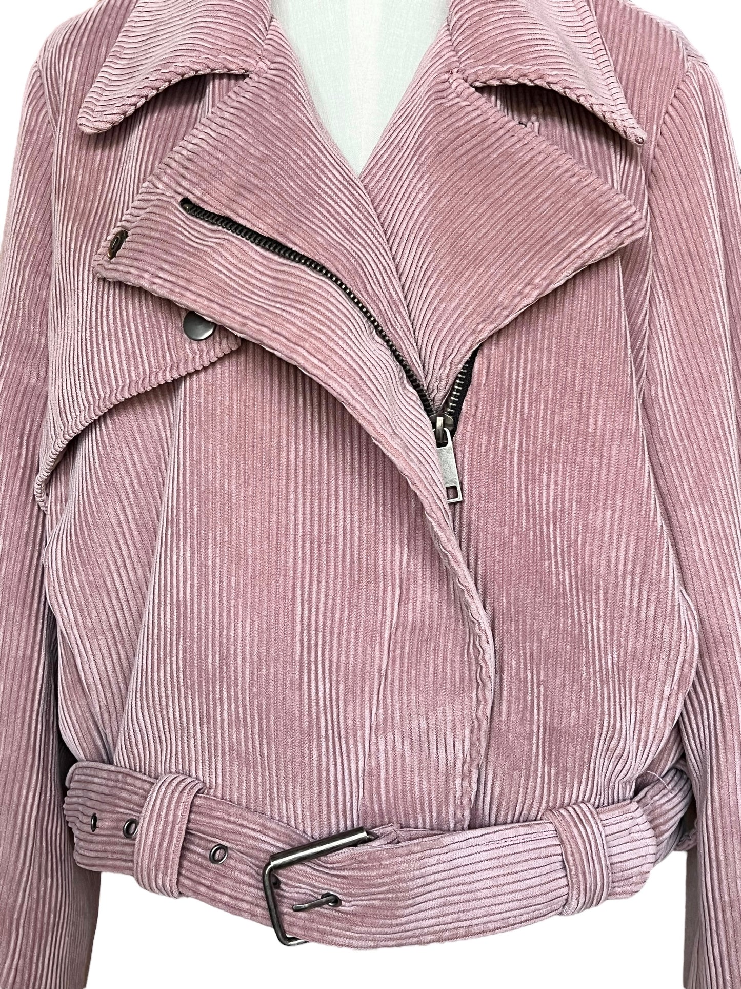 KZell Paris Size M Pink Corduroy Belted Crop Moto Jacket