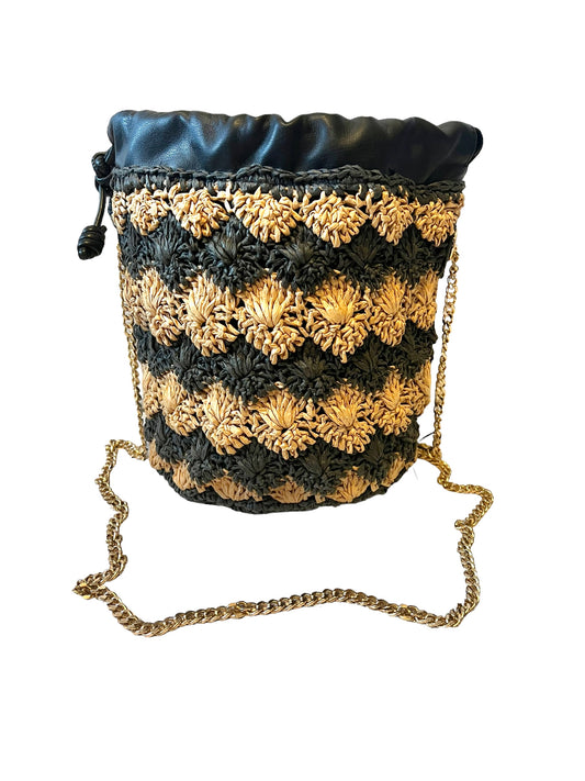 Zara Contrasting Raffia Mini Drawstring Chain Bucket Bag
