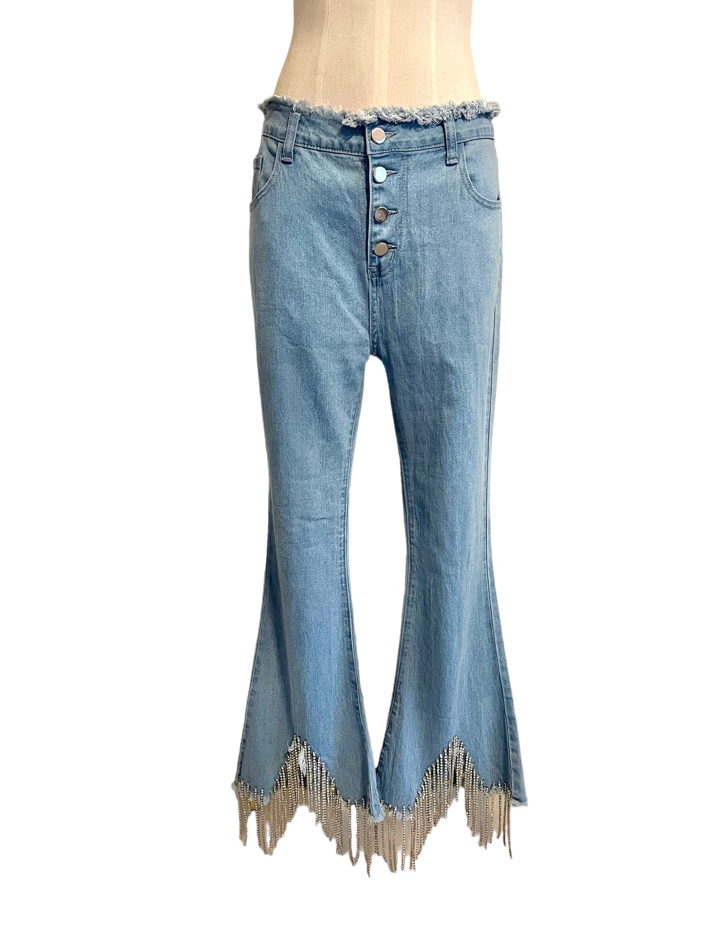 Banjul Size L Frayed Denim Rhinestone Fringe Jeans