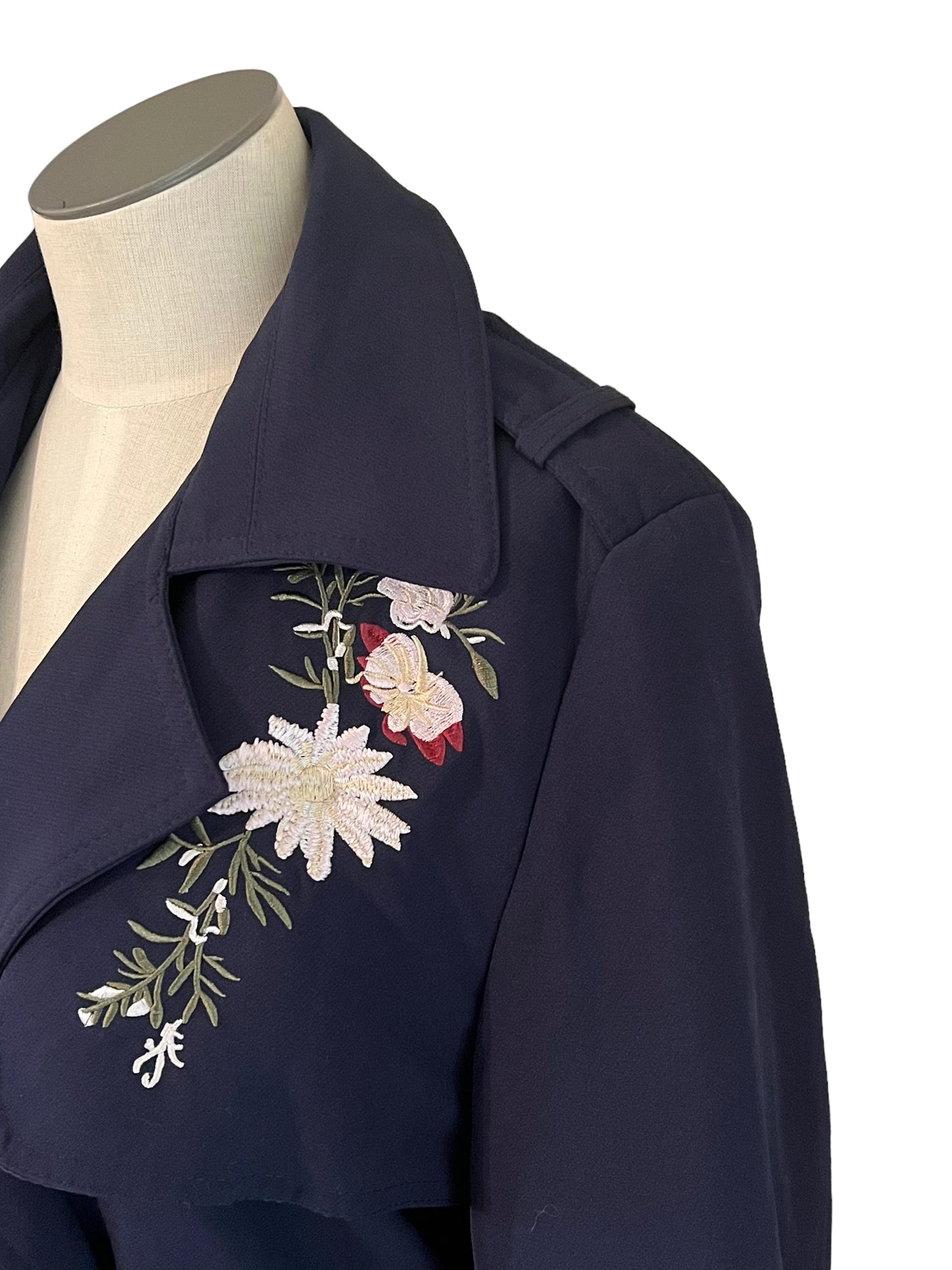 Vero Moda Classic Size M/L Navy Candy Embroidered Floral Trench Coat