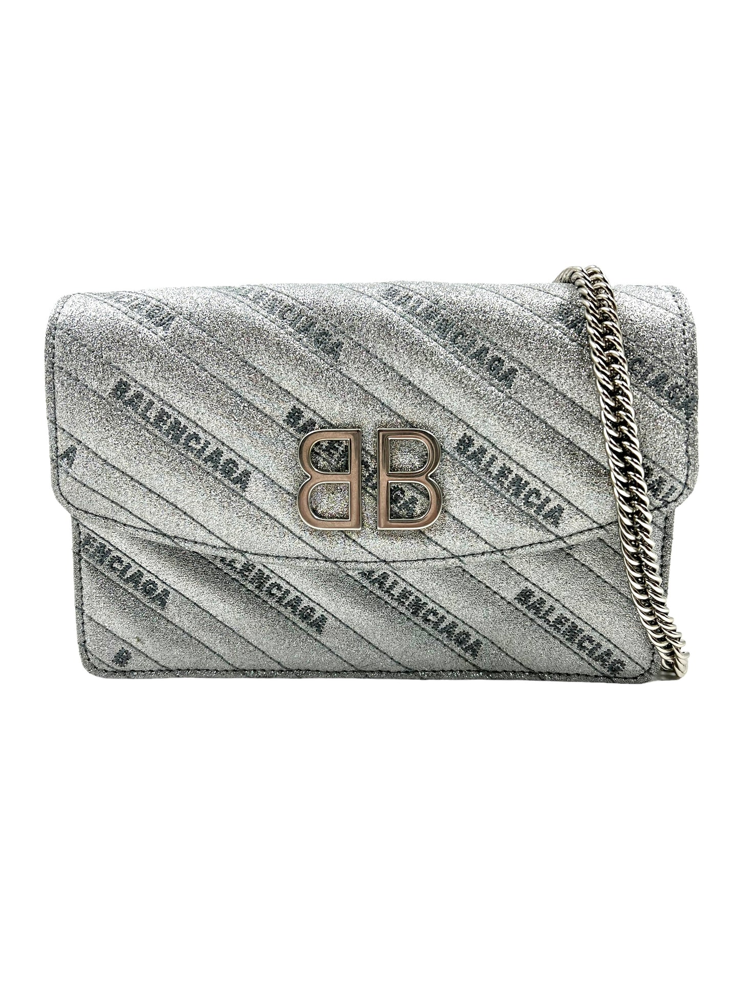 Balenciaga Silver Bb Chain Wallet Glitter Bag