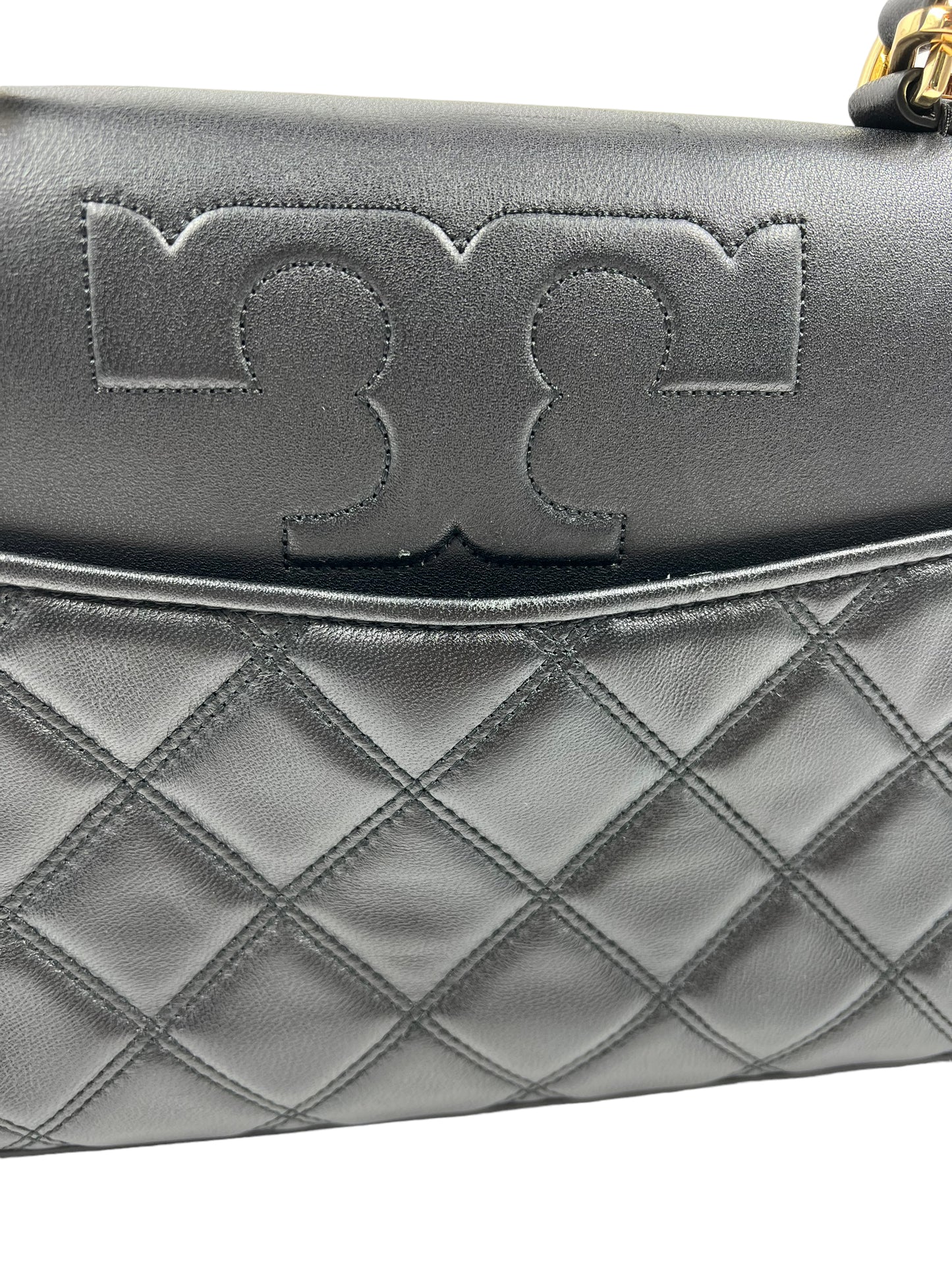 Tory Burch Black Leather Quilted Logo Flap Bag