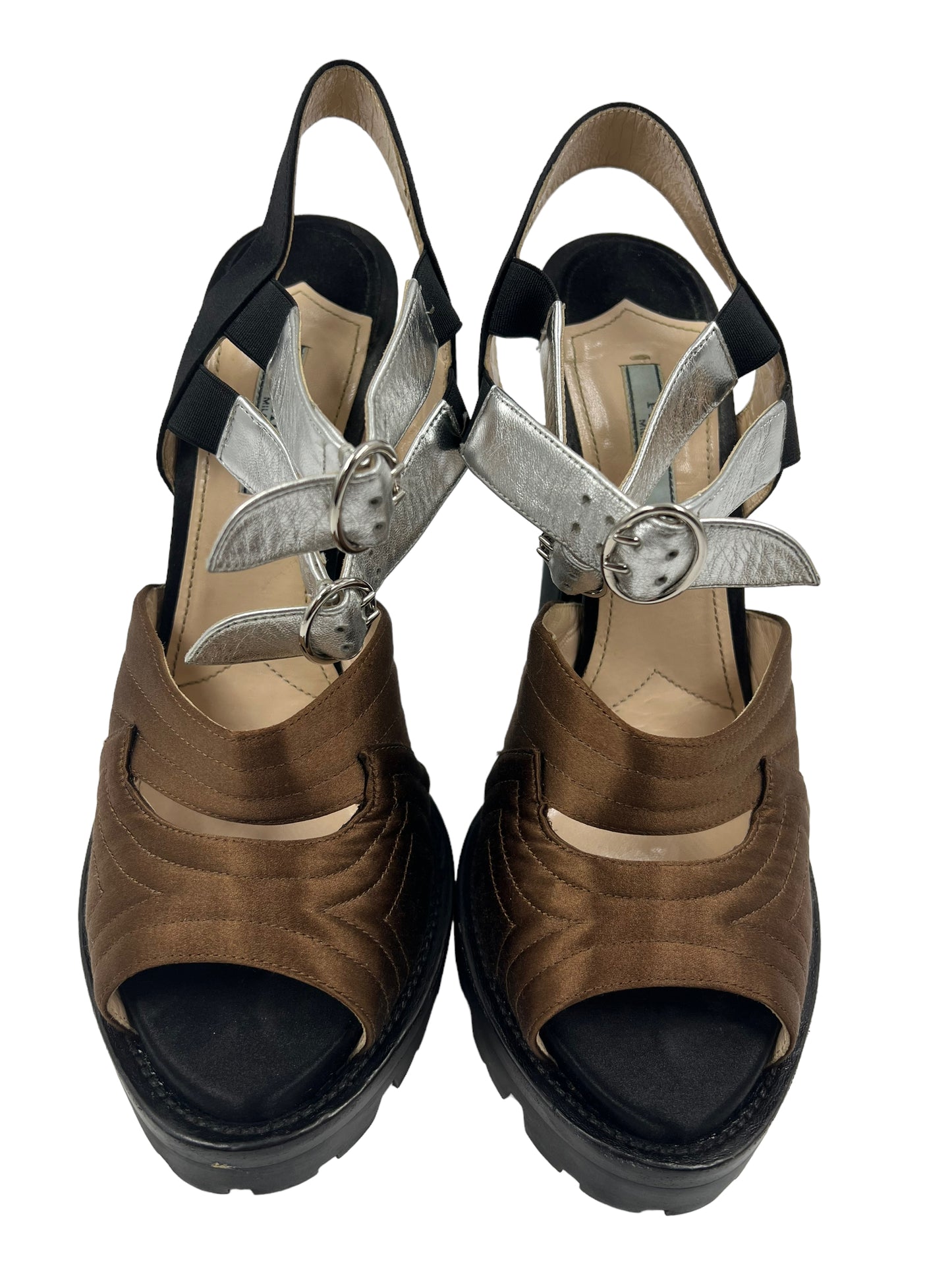 Prada Size 40.5 Black Color Block Satin Heels