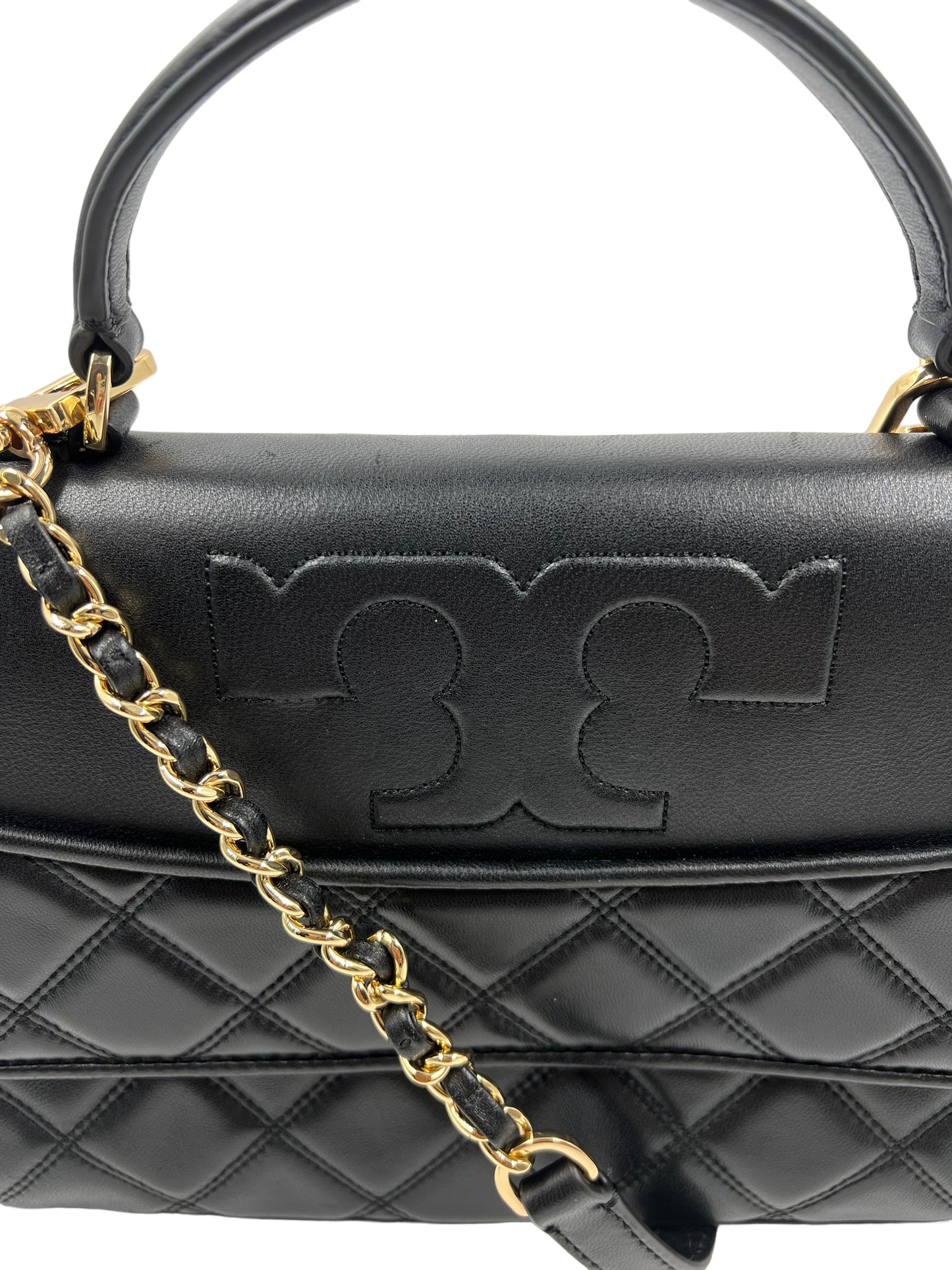 Tory Burch Black Leather Quilted Logo Flap Bag