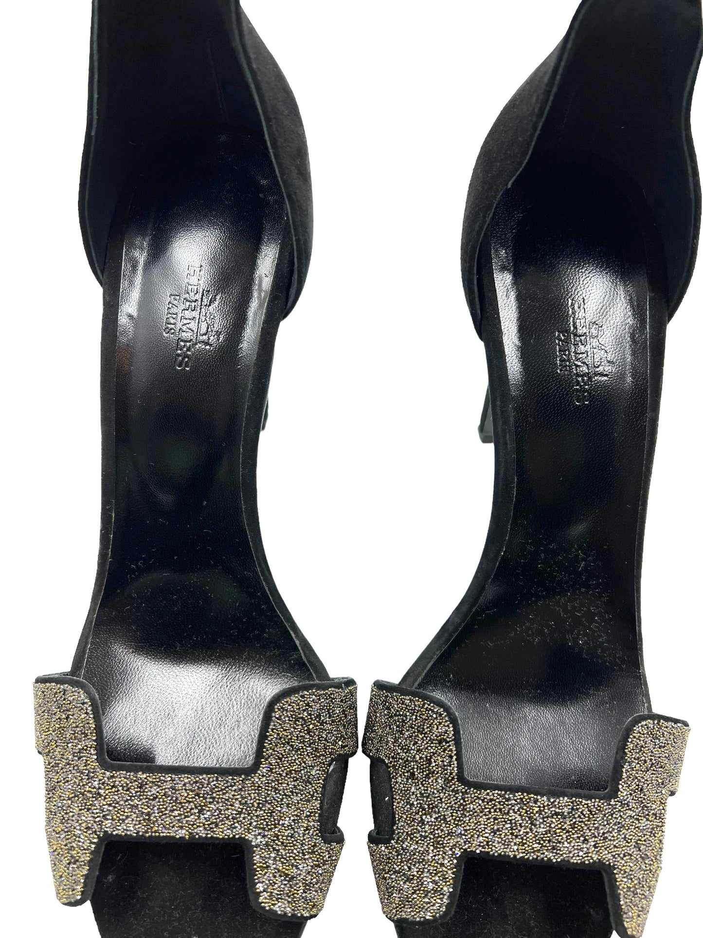 Hermes Size 39.5 Black Crystal Embellished Premiere 105 Heels