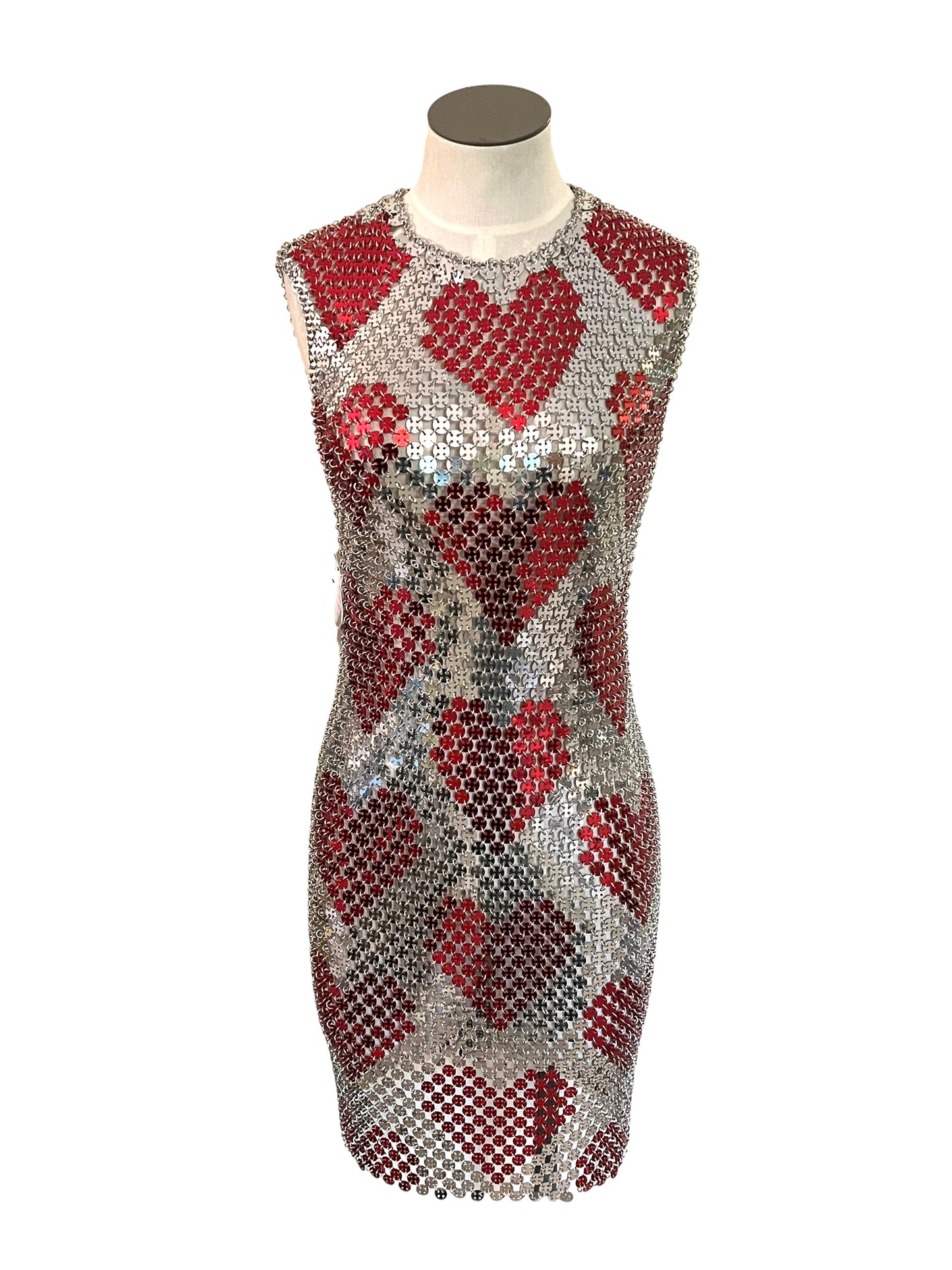 Paco Rabanne Size 42 Silver & Red Chainmail Heart Dress