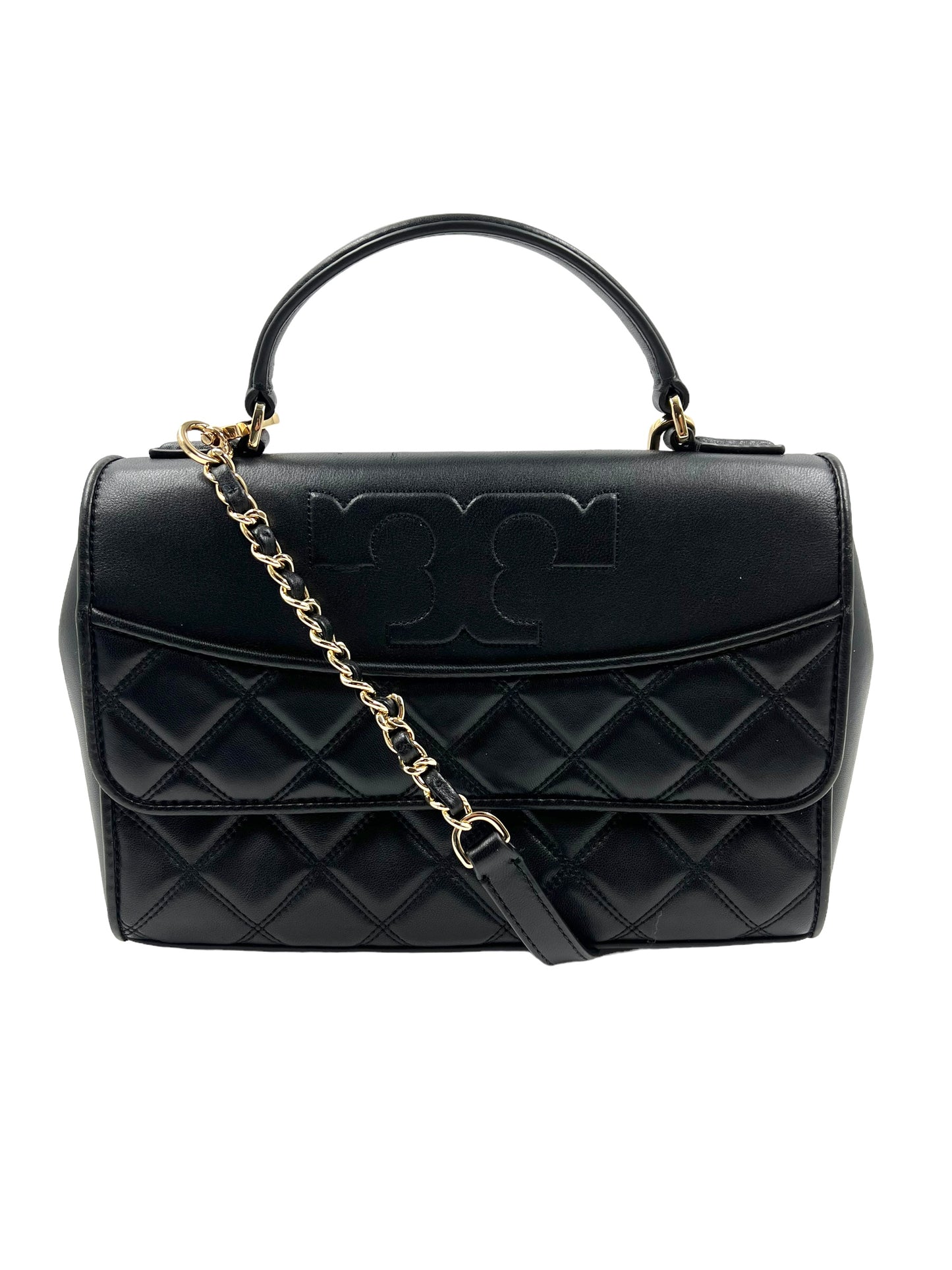 Tory Burch Black Leather Quilted Logo Flap Bag