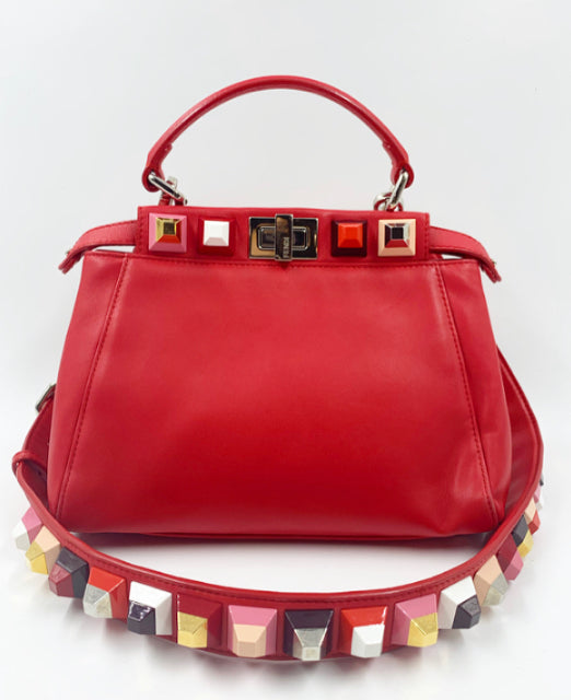 Fendi Red Leather Mini Studded Peekaboo Handbag