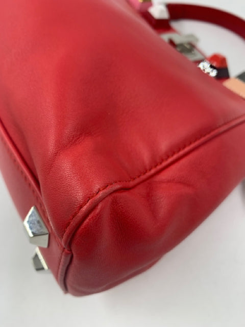 Fendi Red Leather Mini Studded Peekaboo Handbag