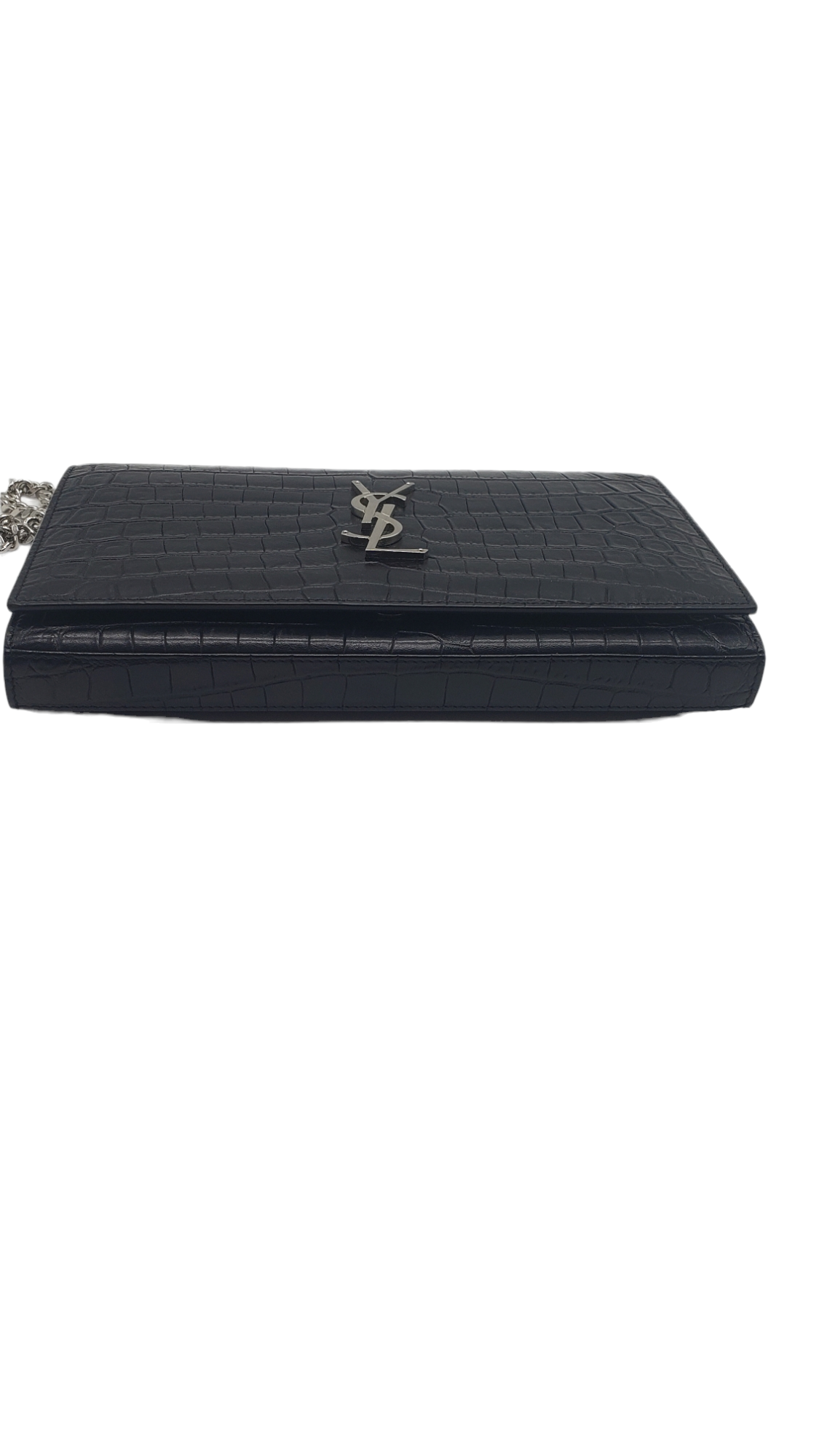 Saint Laurent YSL Black Croc Embossed Cassandre Chain Wallet