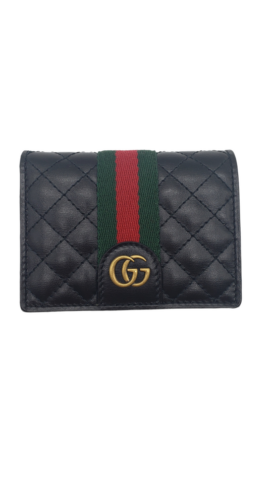 Gucci Black Leather Quilted Trapuntata Web Stripe Card Case