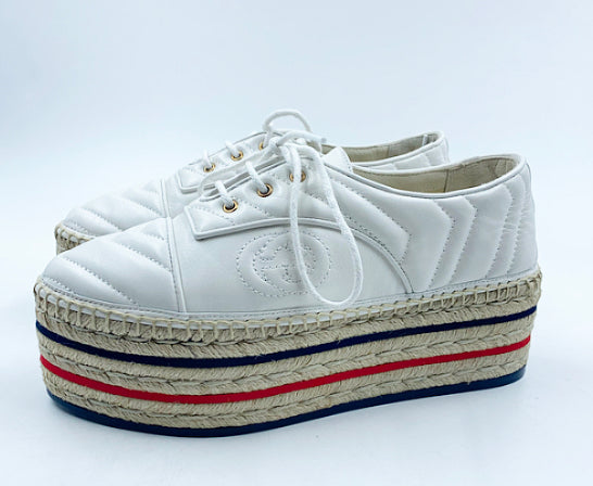 Gucci White Leather Quilted Platform Size 37.5 Espadrilles