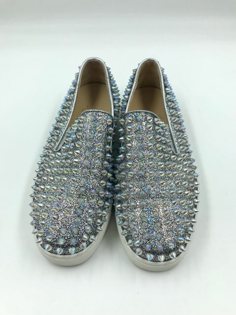 Louboutin Silver Glitter PVC Studded Size 36.5 Slip Ons