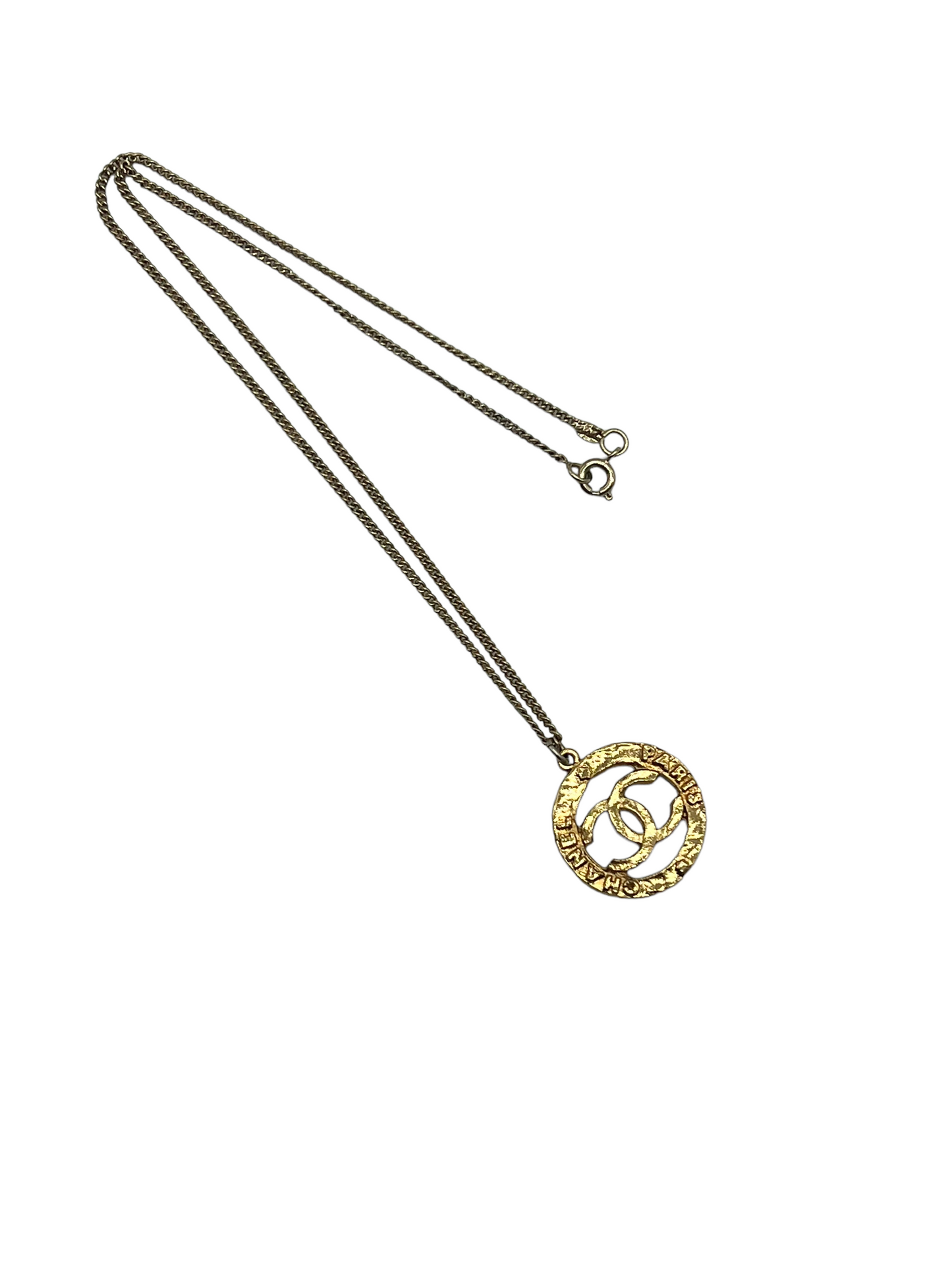 Chanel Gold Hammered Vintage Cut Out 'Chanel Paris' Medallion Necklace