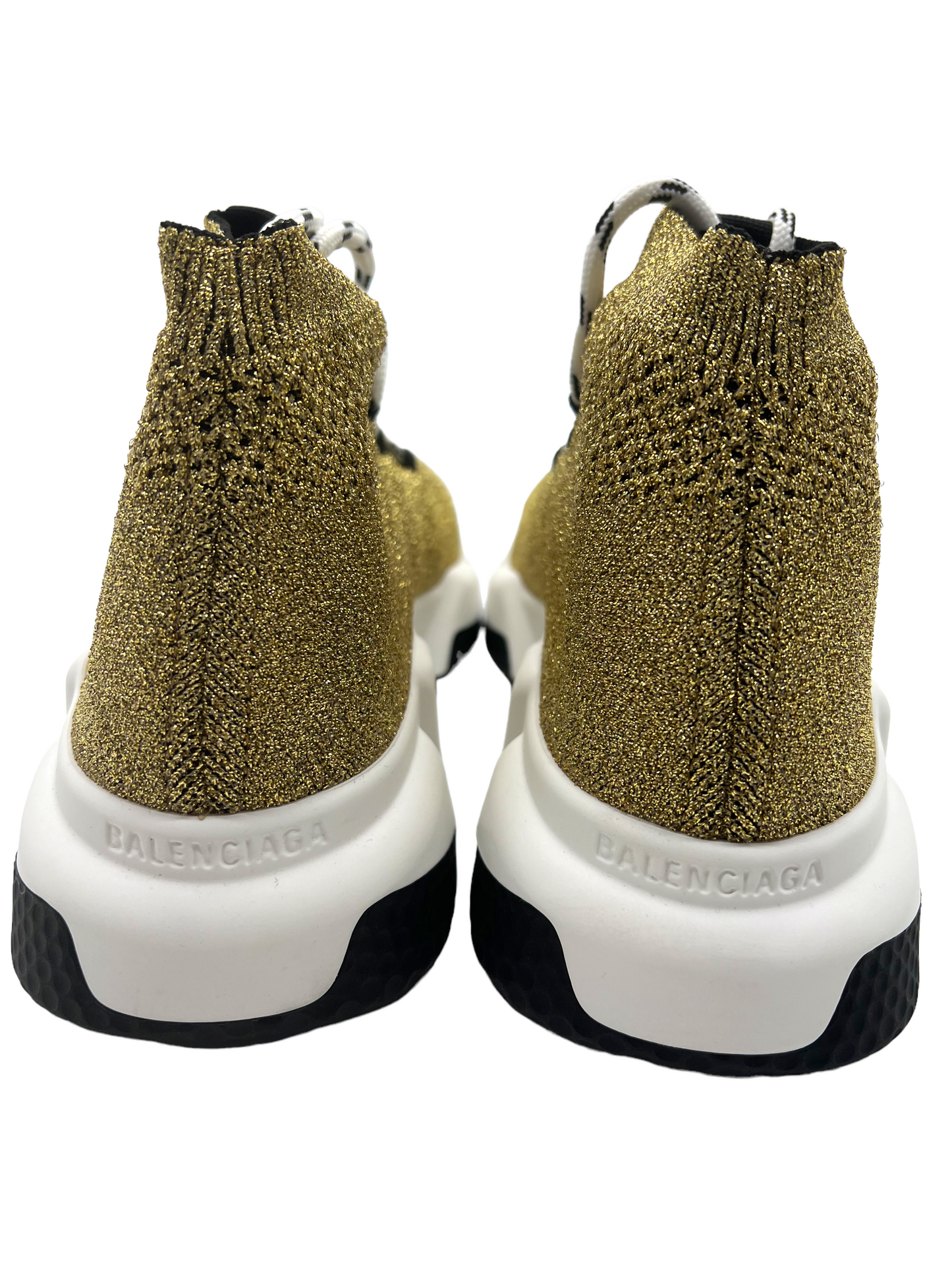 Balenciaga Gold Metallic Knit Lace Up Size 8 Speed Trainer Sneakers