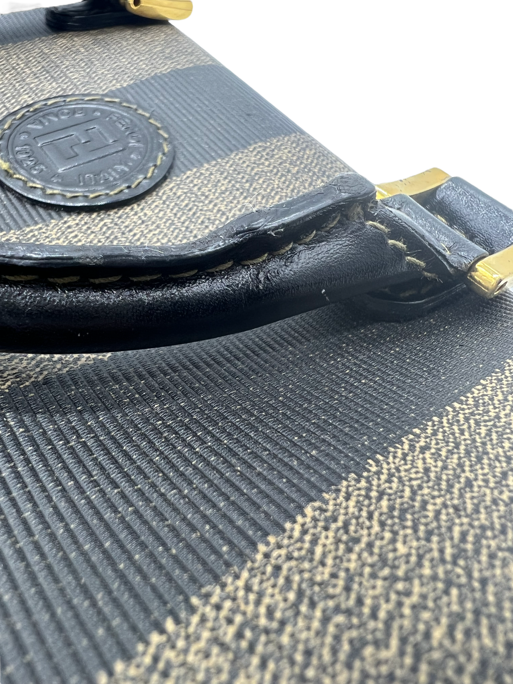 Fendi Brown, Pattern Print Leather Trimmed Mini Pequin Boston Bag w/ Strap