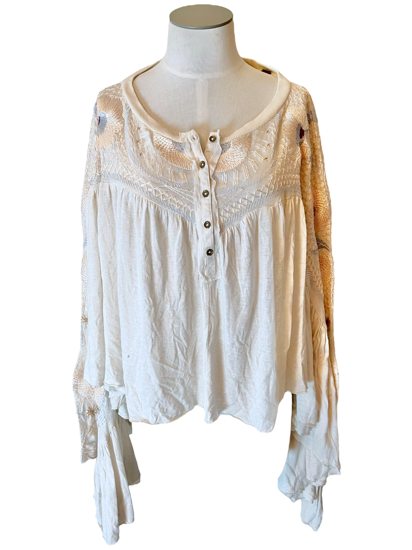 Free People Beige Embroidered Size M Top