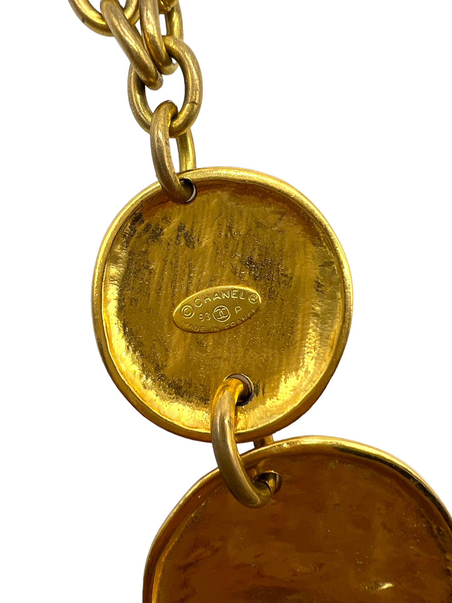 Chanel Gold Vintage 1993 CC Stamped Double Disk Necklace