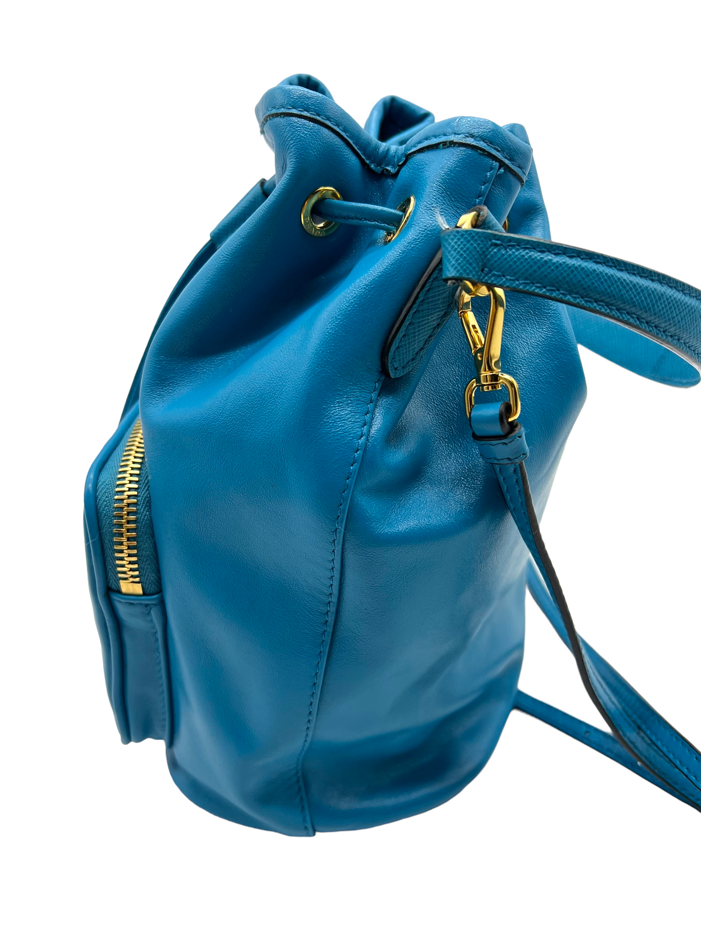Prada Blue Leather Small Drawstring Bucket Handbag