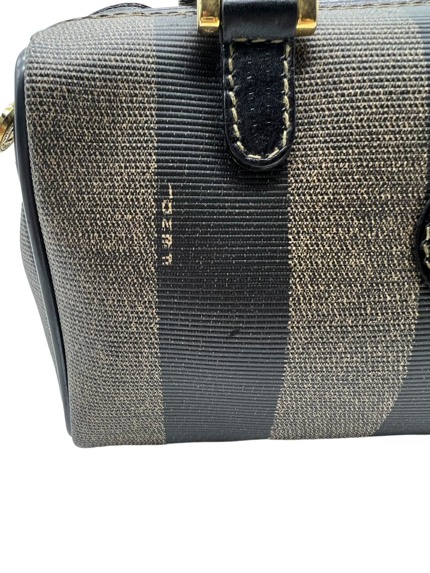 Fendi Bauletto Pequin Stripe Canvas Black Grey Vintage Satchel Purse Boston  Bag 