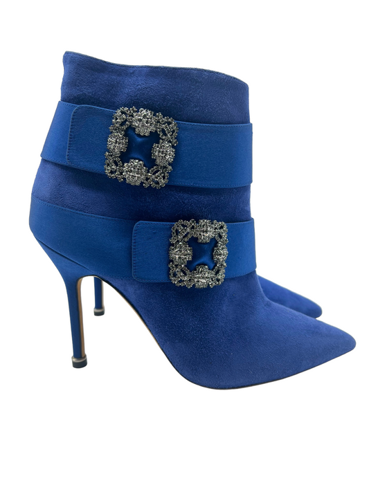 Manolo Blahnik Blue Suede Embellished Hangisi Size 38 Booties
