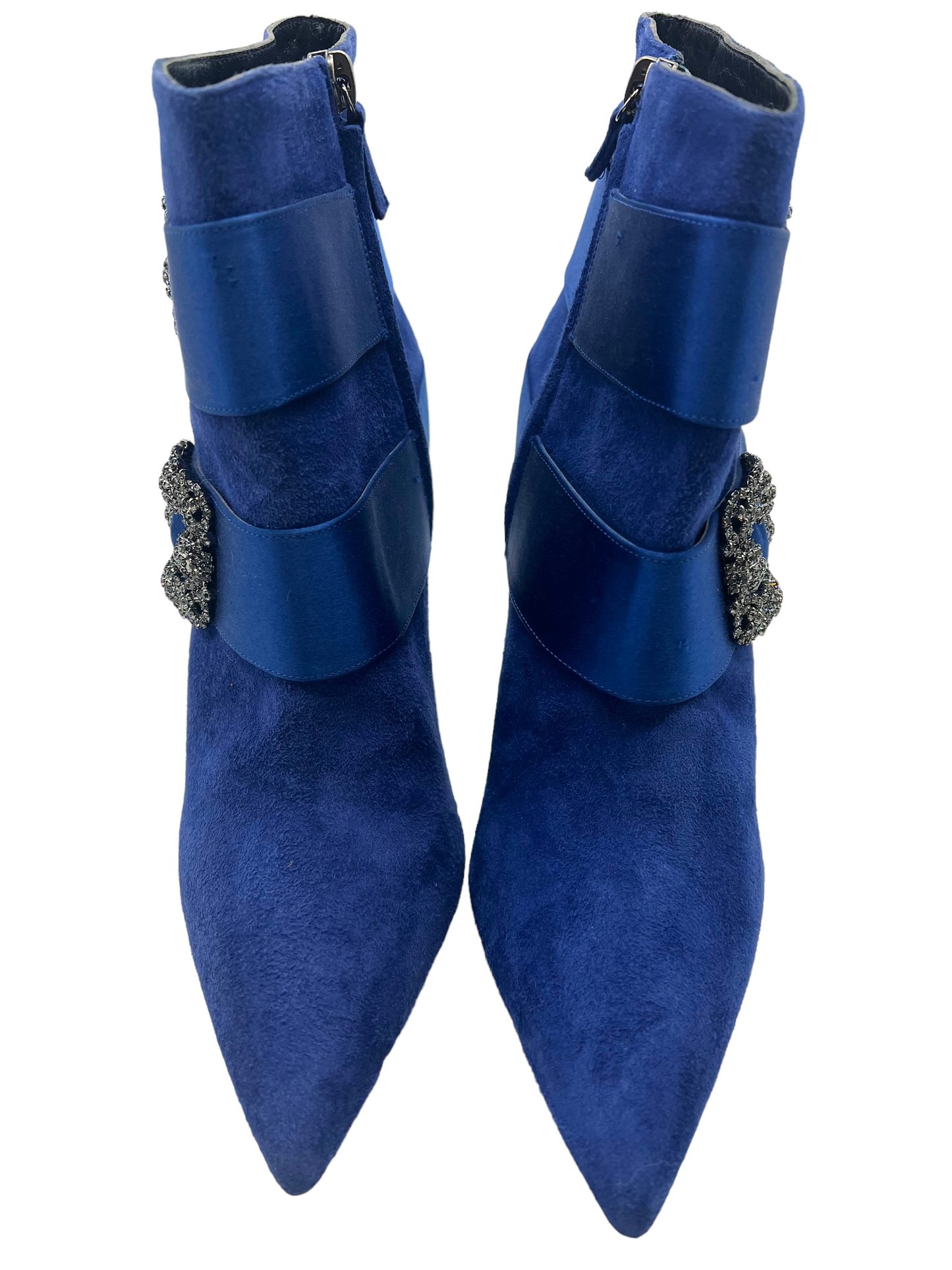 Manolo Blahnik Blue Suede Embellished Hangisi Size 38 Booties